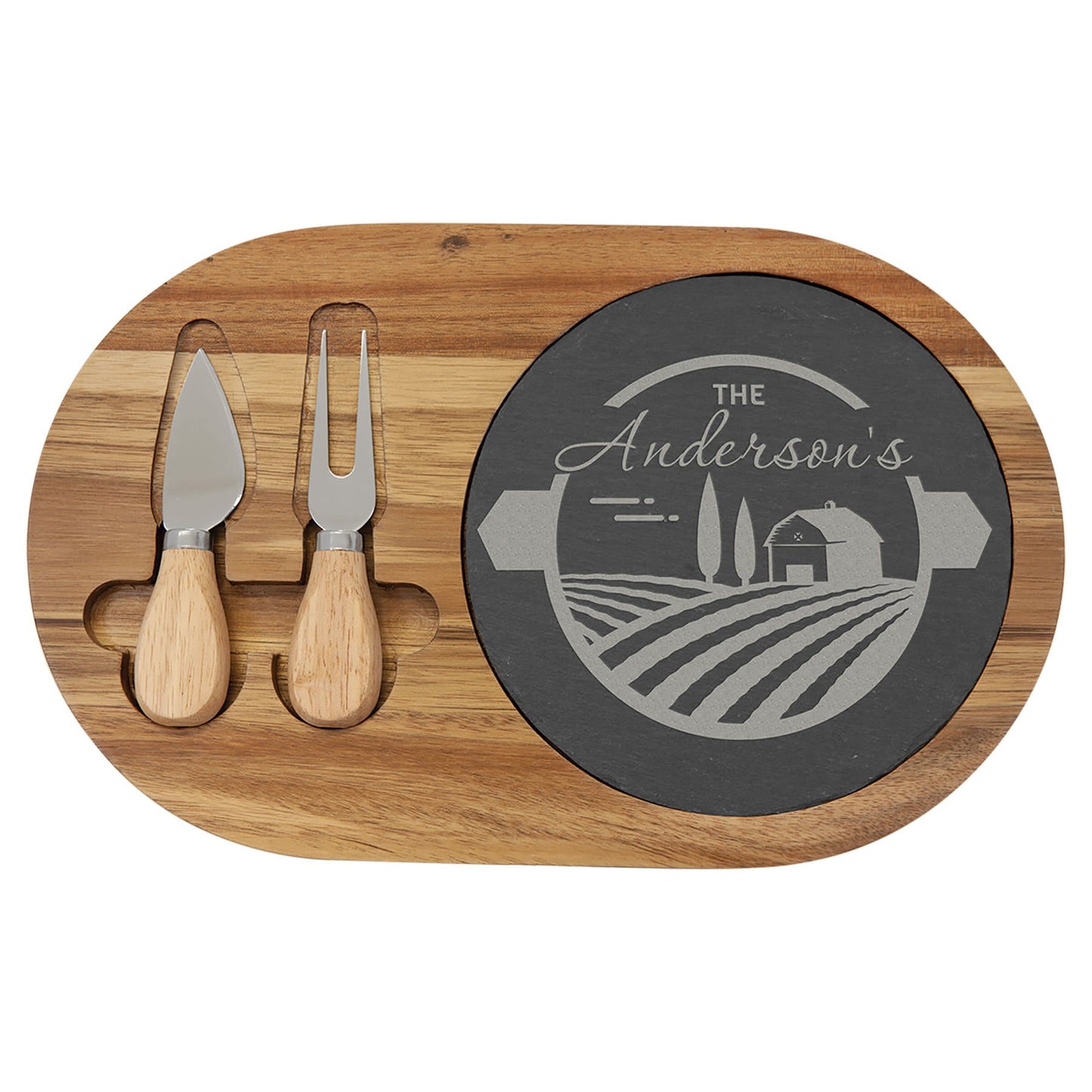 Custom Acacia Wood & Slate Cheese Set with Tools & Engraved Logo