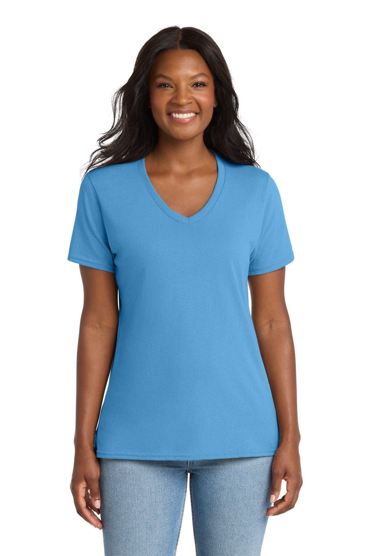 Aquatic Blue Port & Co Women's Core Cotton V-Neck Tee. LPC54V