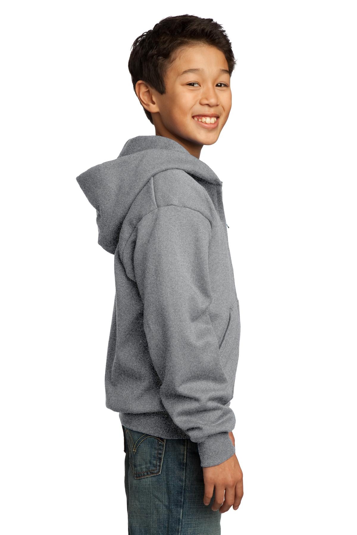 Ath Heather Port & Co Youth Core Fleece Full-Zip Hooded Sweatshirt. PC90YZH