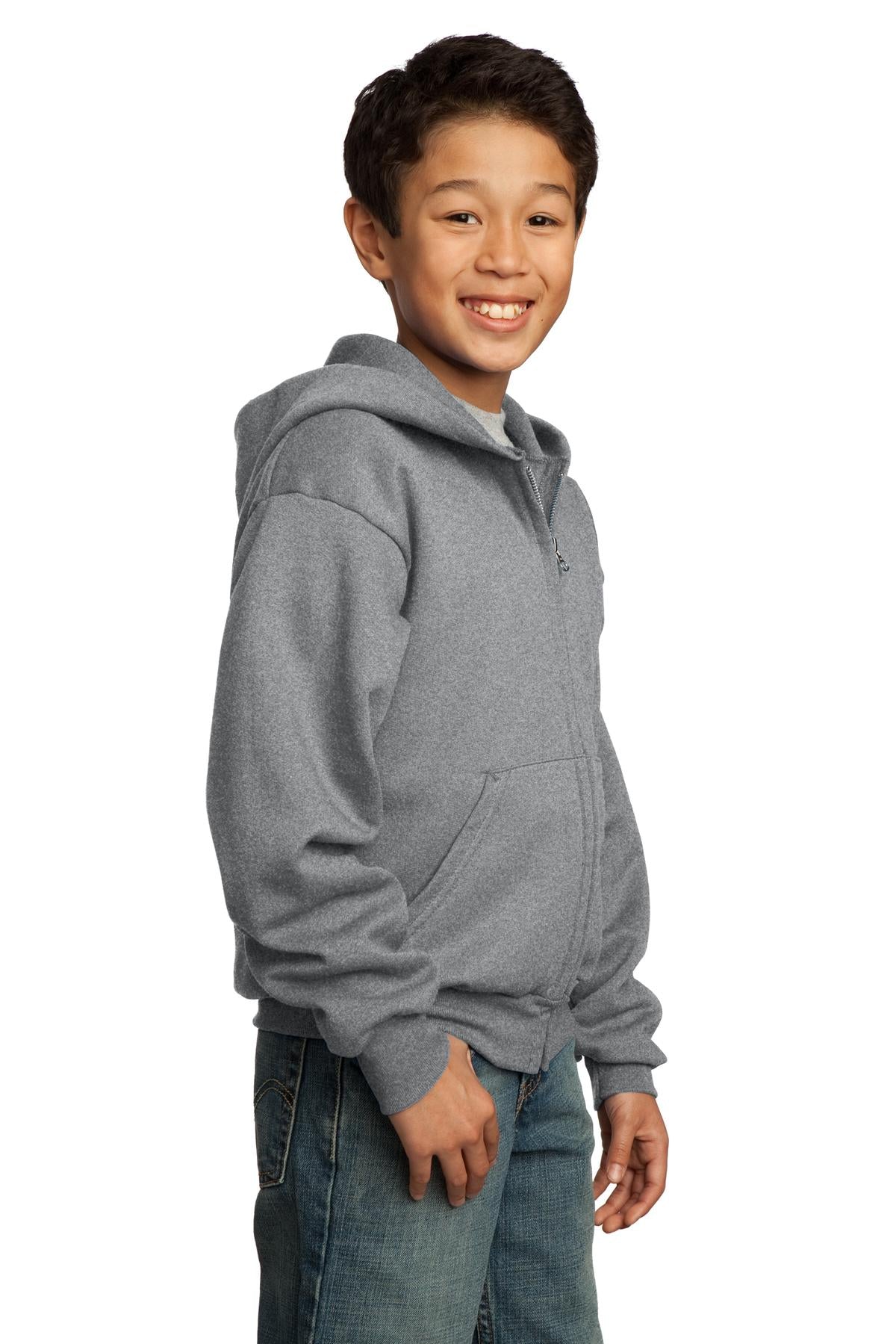 Ath Heather Port & Co Youth Core Fleece Full-Zip Hooded Sweatshirt. PC90YZH