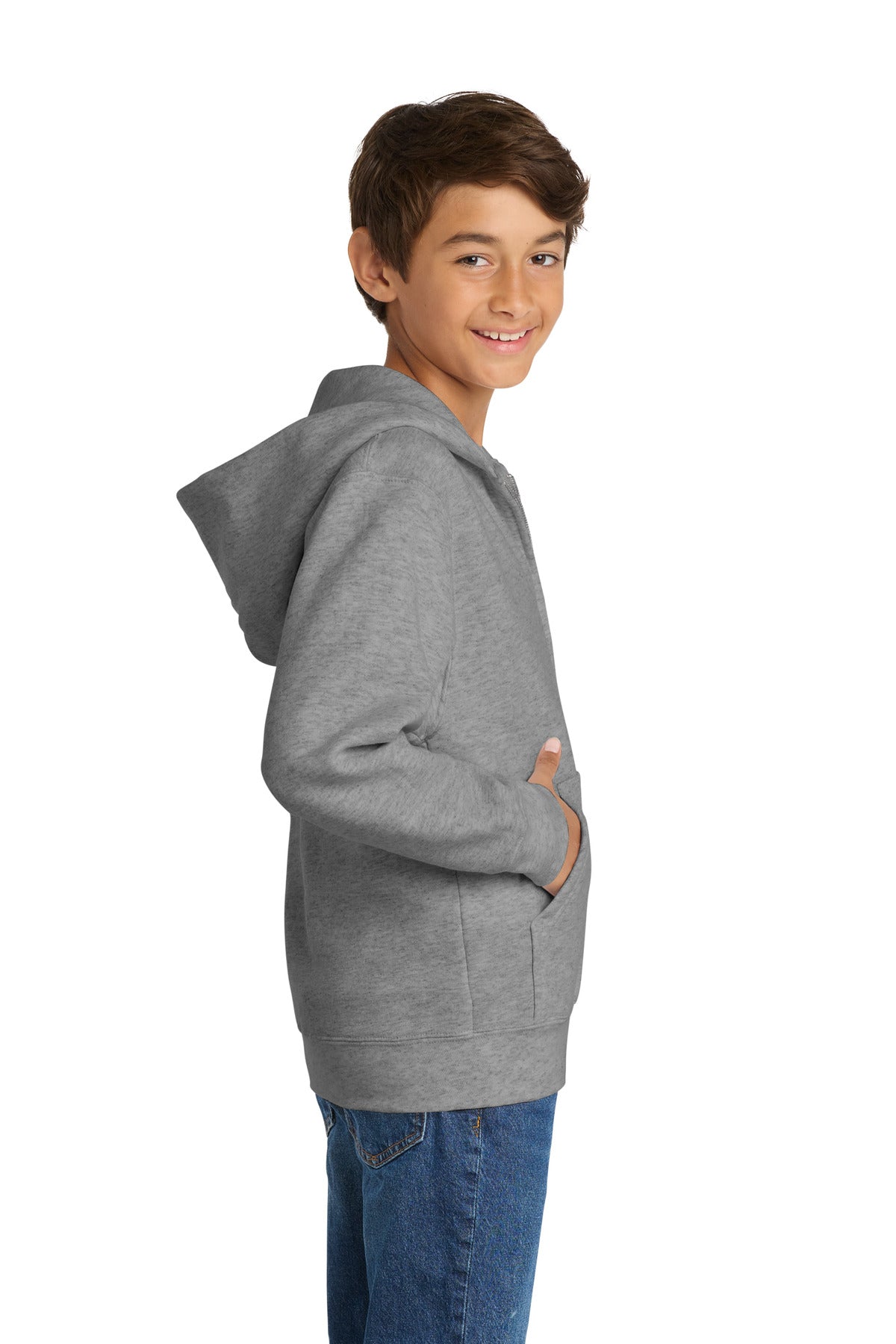 Ath Heather Port & Co Youth Core Fleece Full-Zip Hooded Sweatshirt. PC90YZH