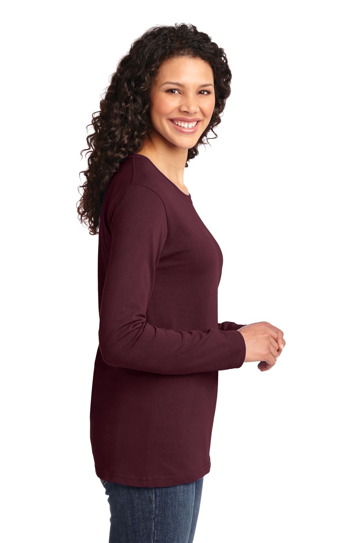 Athl Maroon Port & Co Women's Long Sleeve Core Cotton Tee. LPC54LS
