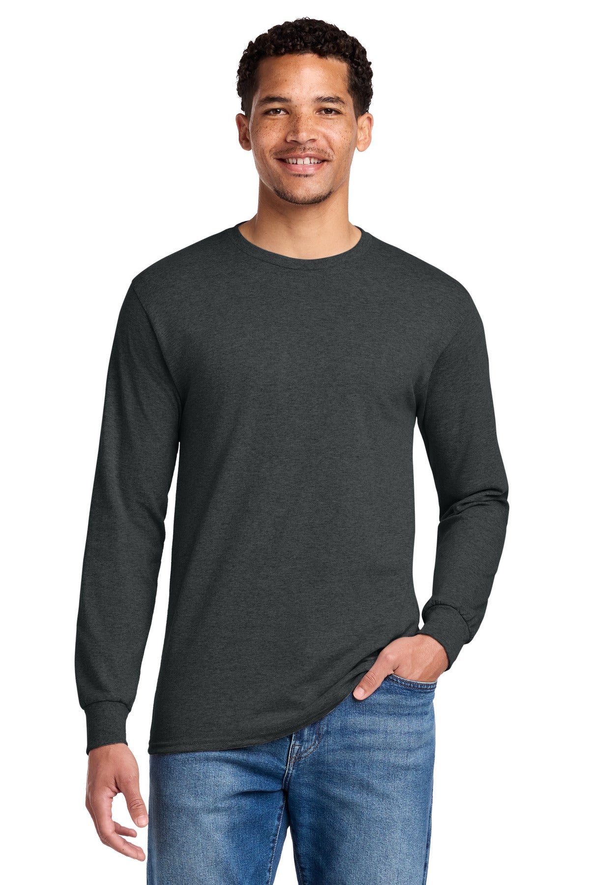 Black Heather Jerzees - Dri-Power 50/50 Cotton/Poly Long Sleeve T-Shirt. 29LS