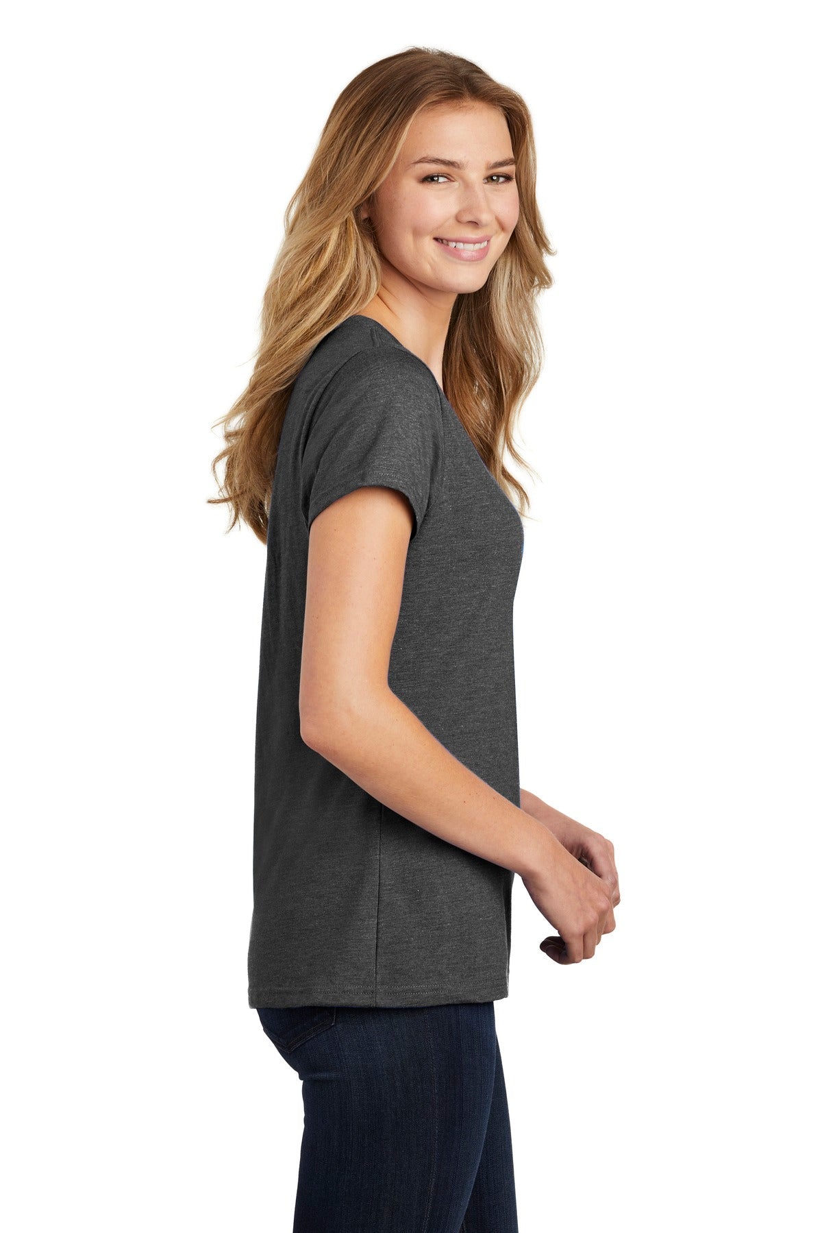 Black Hthr Port & Co Women's Fan Favorite Blend V-Neck Tee. LPC455V