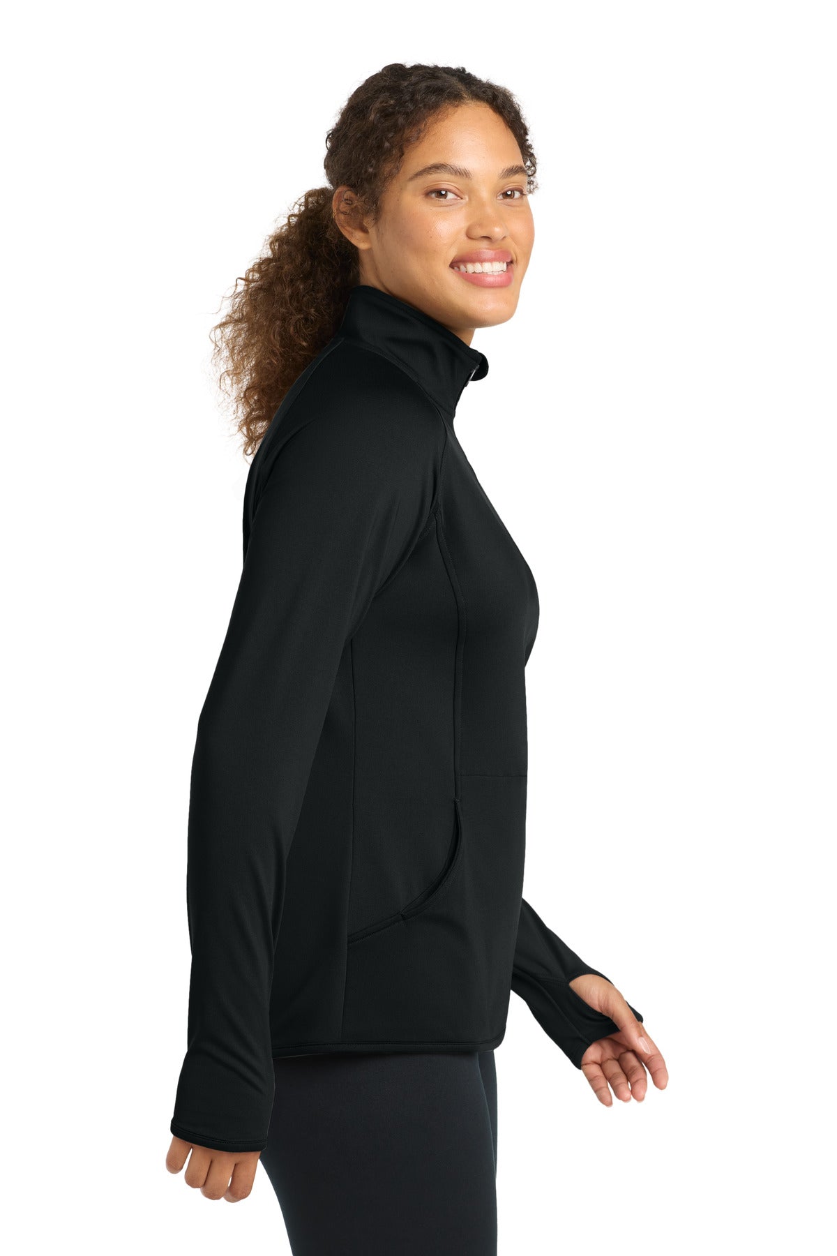 Black Sport-Tek Women's Sport-Wick Stretch 1/4-Zip Pullover. LST850