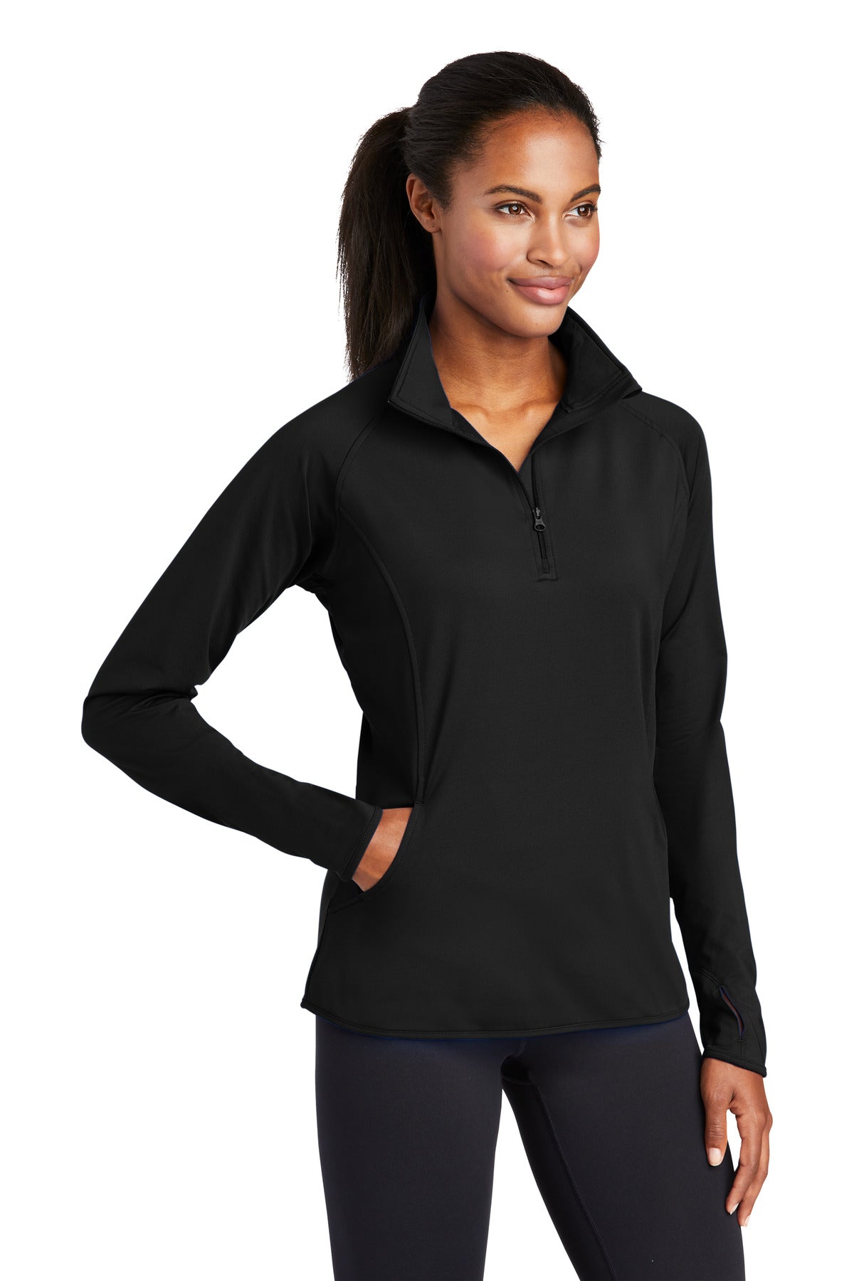 Black Sport-Tek Women's Sport-Wick Stretch 1/4-Zip Pullover. LST850