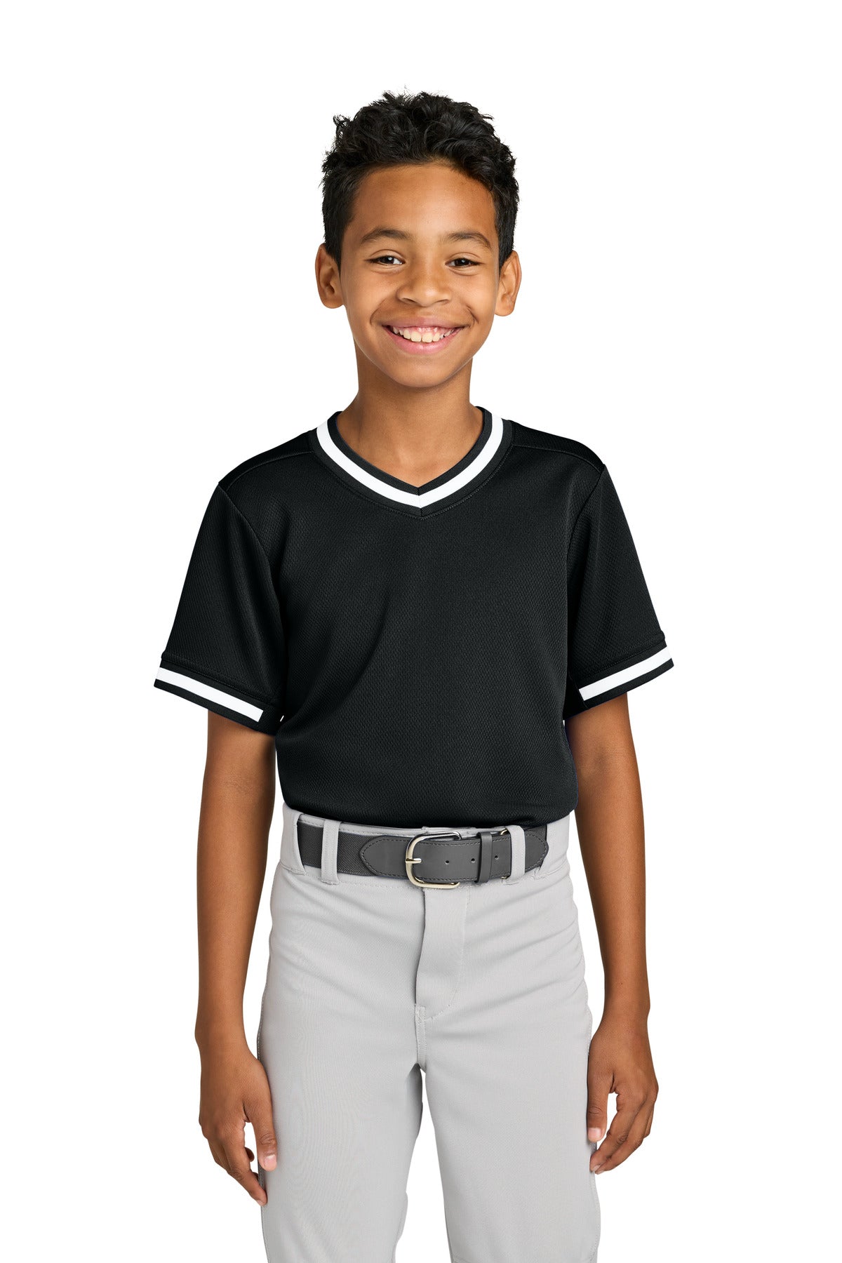 Black Sport-Tek Youth Tough Mesh V-Neck Baseball Jersey YST221