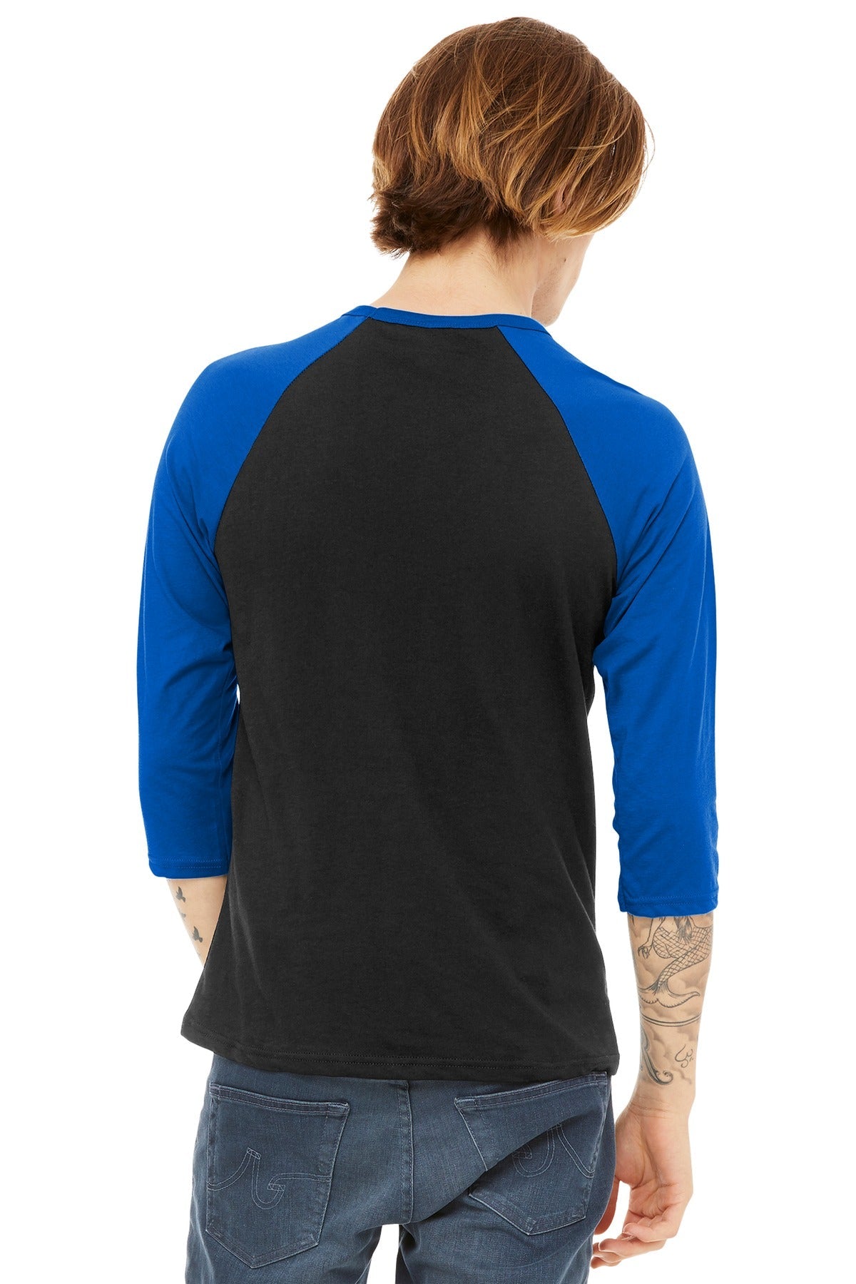 Blck/True Ryal BELLA+CANVAS Unisex 3/4-Sleeve Baseball Tee. BC3200