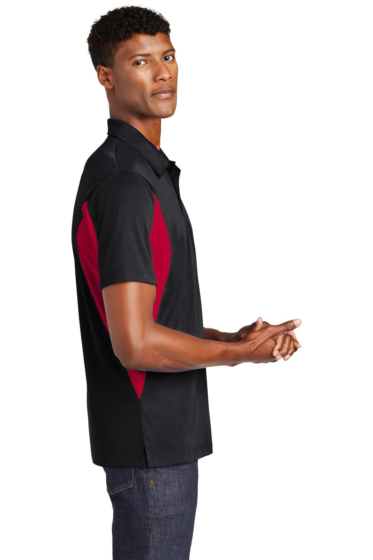 Blk/DpRed Sport-Tek Side Blocked Micropique Sport-Wick Polo. ST655