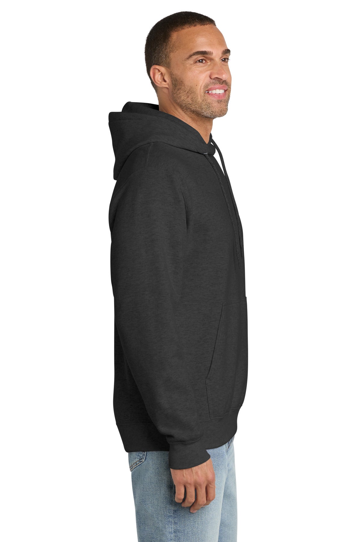 BlkHthr Port & Co Essential Fleece Pullover Hooded Sweatshirt. PC90H