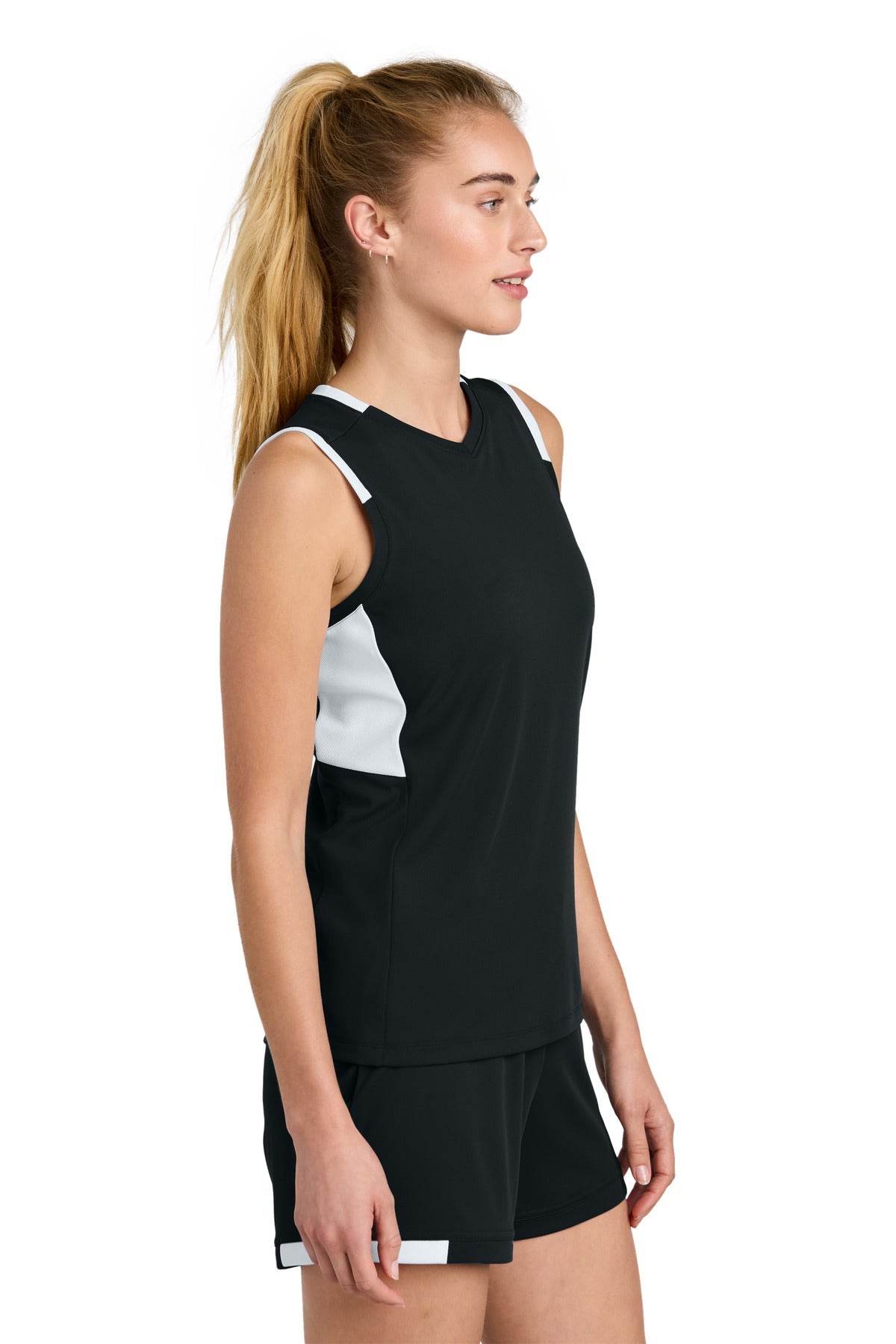 Blk/White Sport-Tek Women's Club Sleeveless V-Neck LST441