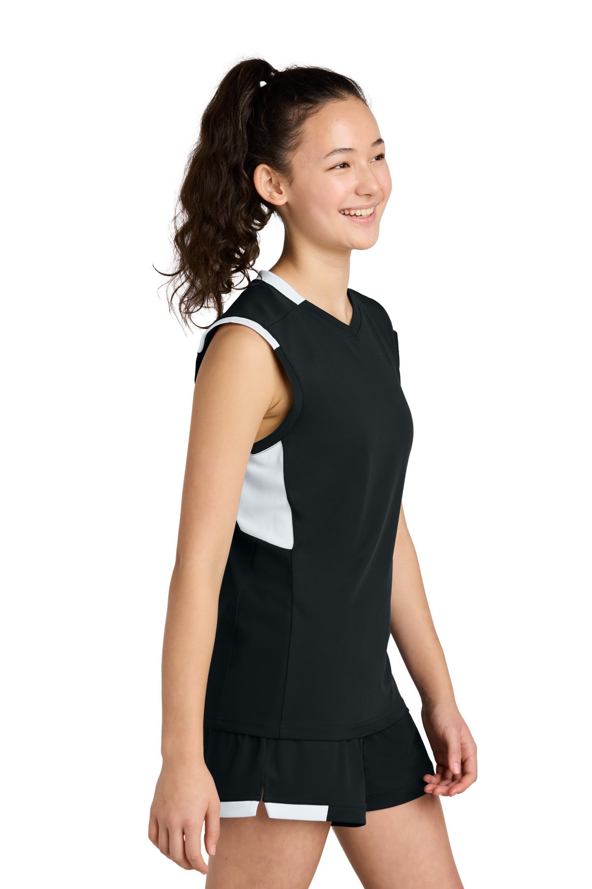 Blk/White Sport-Tek Youth Club Sleeveless V-Neck YST441