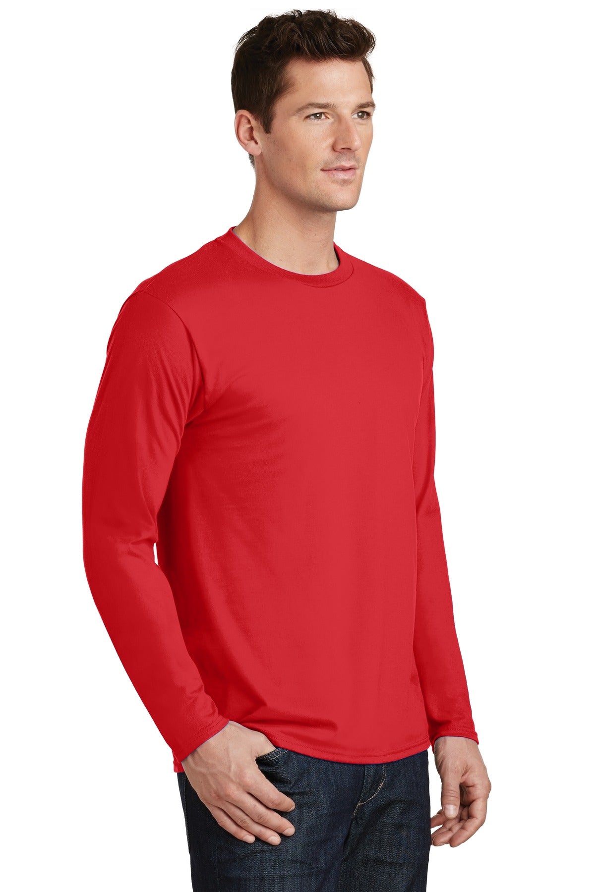 Bright Red Port & Co Long Sleeve Fan Favorite Tee. PC450LS