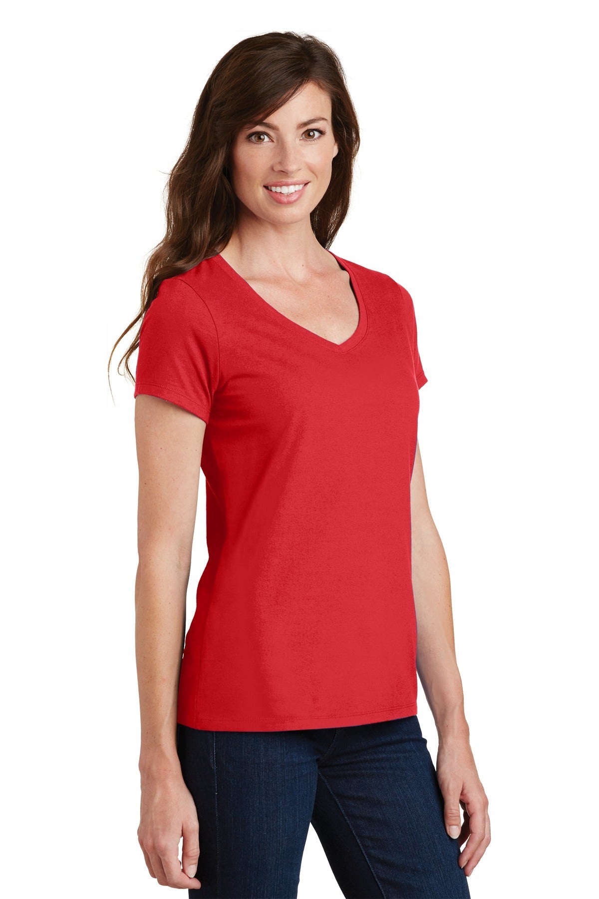 Bright Red Port & Co Women's Fan Favorite V-Neck Tee. LPC450V