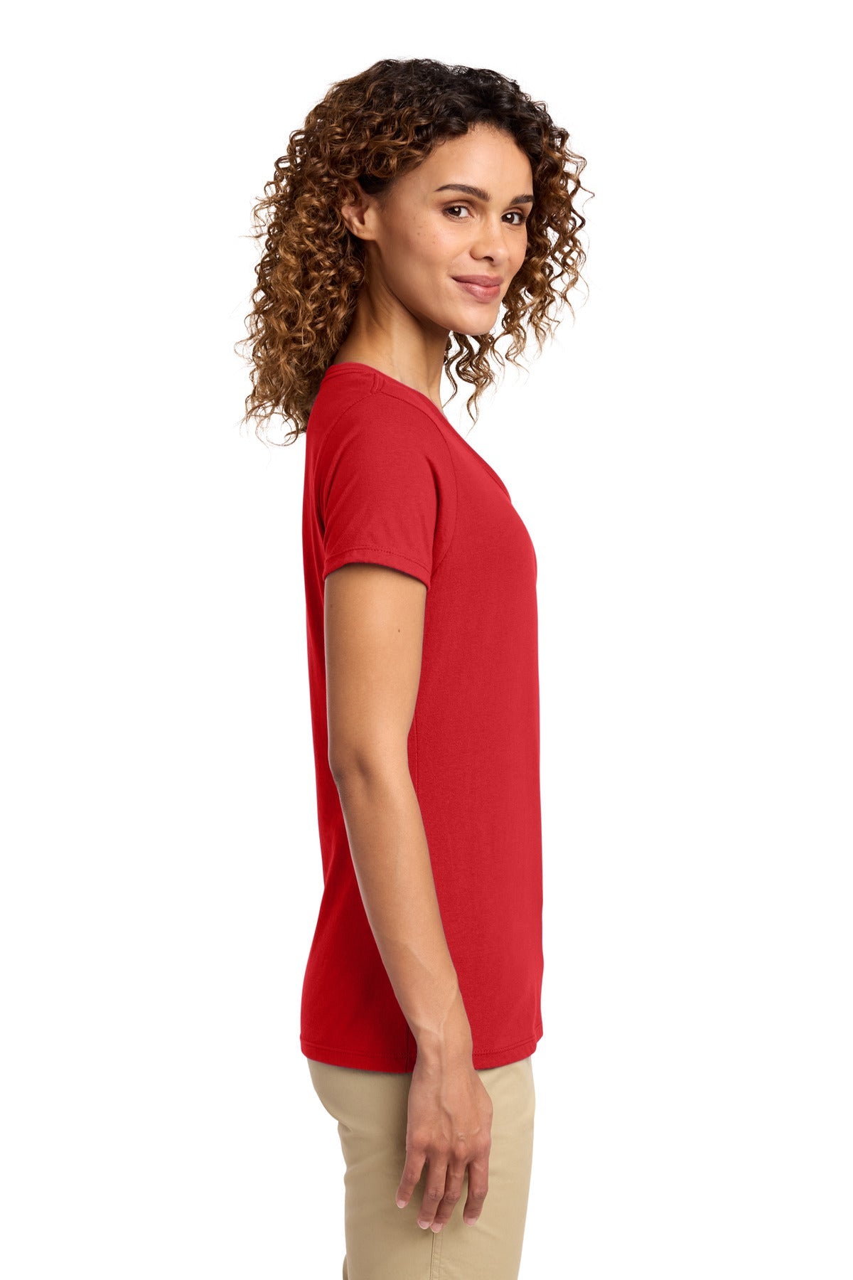 Bright Red Port & Co Women's Fan Favorite V-Neck Tee. LPC450V