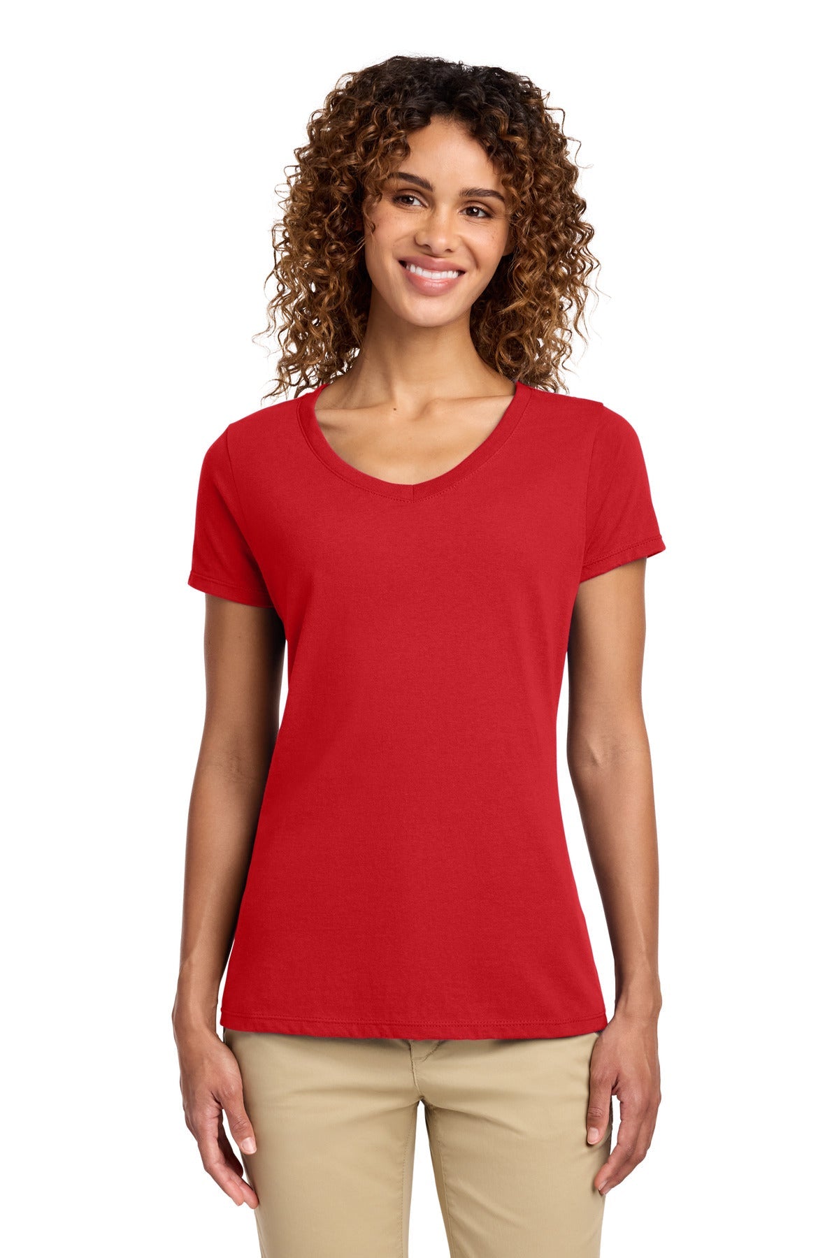 Bright Red Port & Co Women's Fan Favorite V-Neck Tee. LPC450V