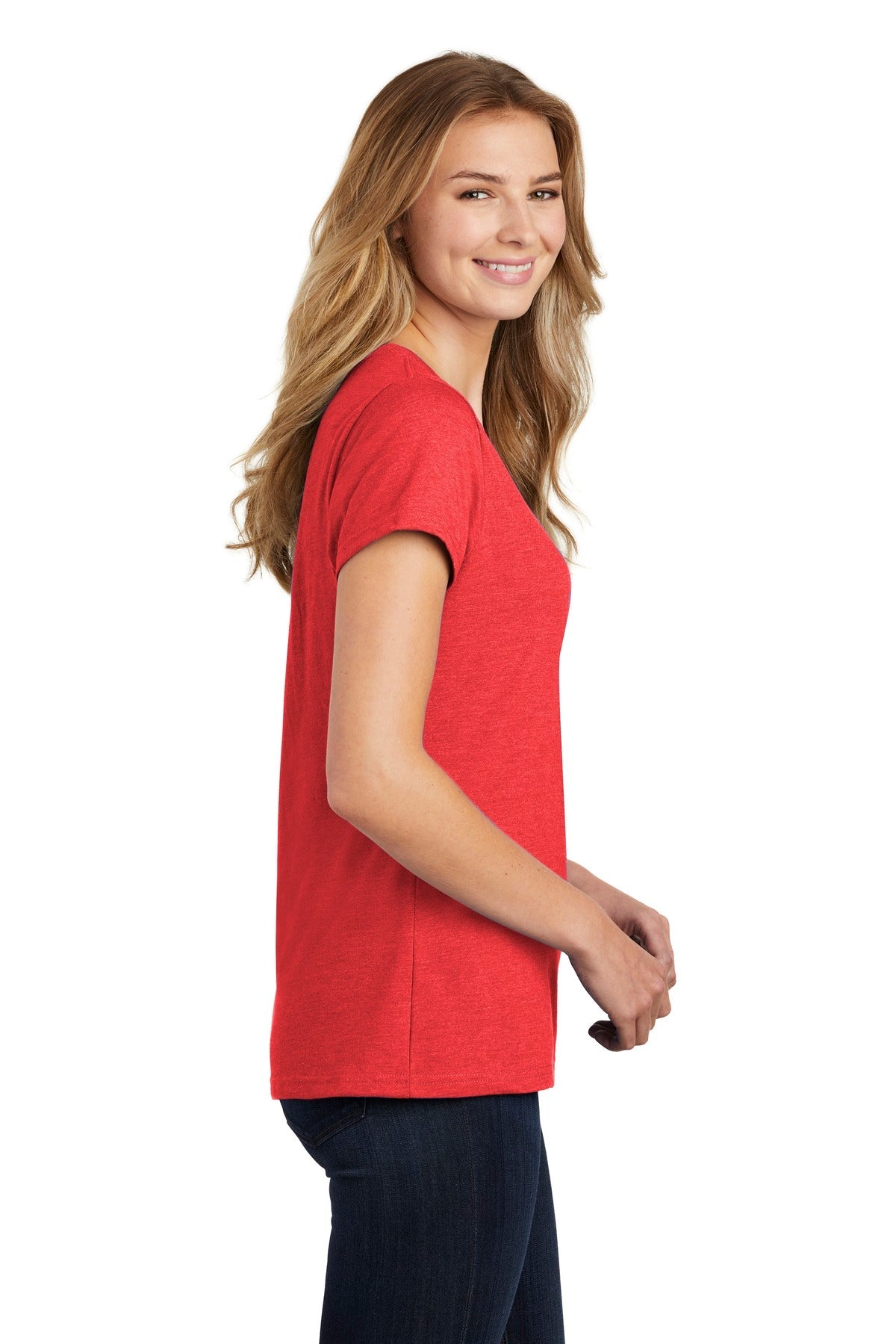 Brt Red Hthr Port & Co Women's Fan Favorite Blend V-Neck Tee. LPC455V