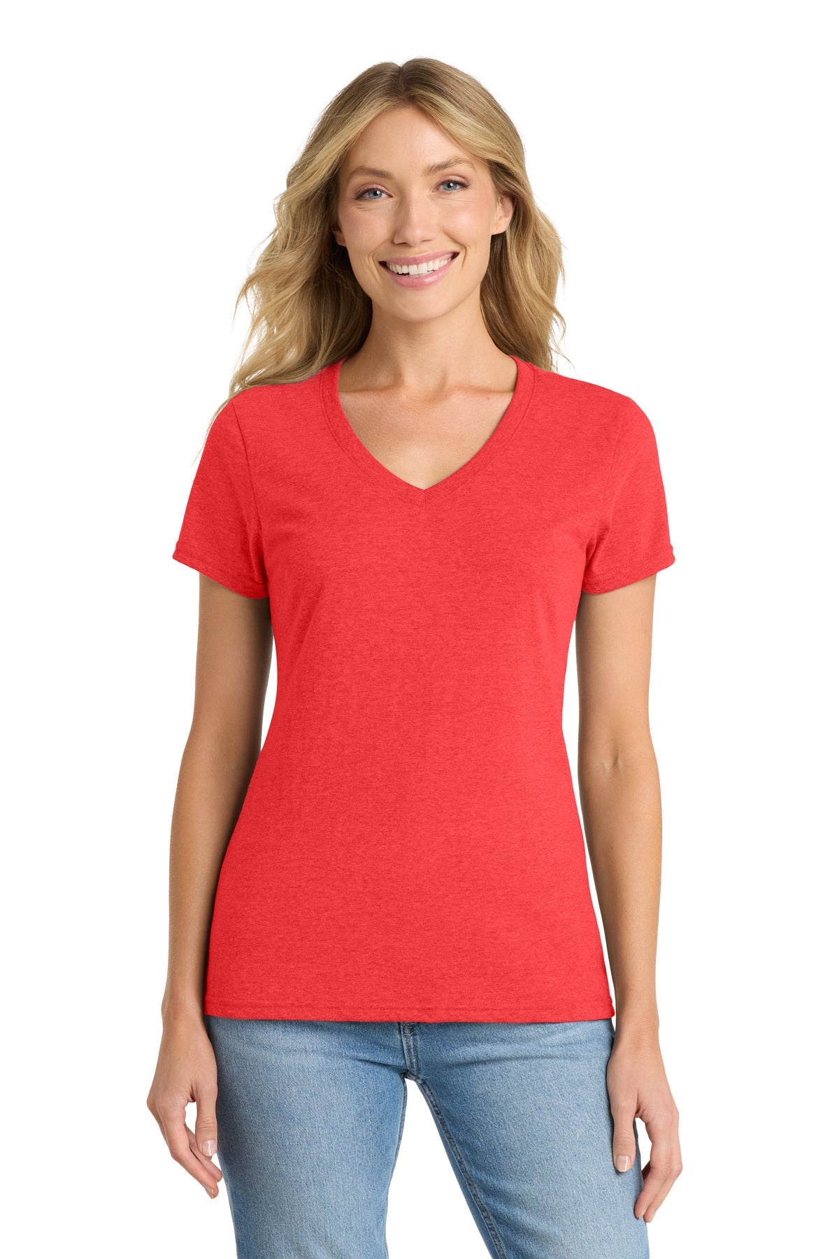 Brt Red Hthr Port & Co Women's Fan Favorite Blend V-Neck Tee. LPC455V