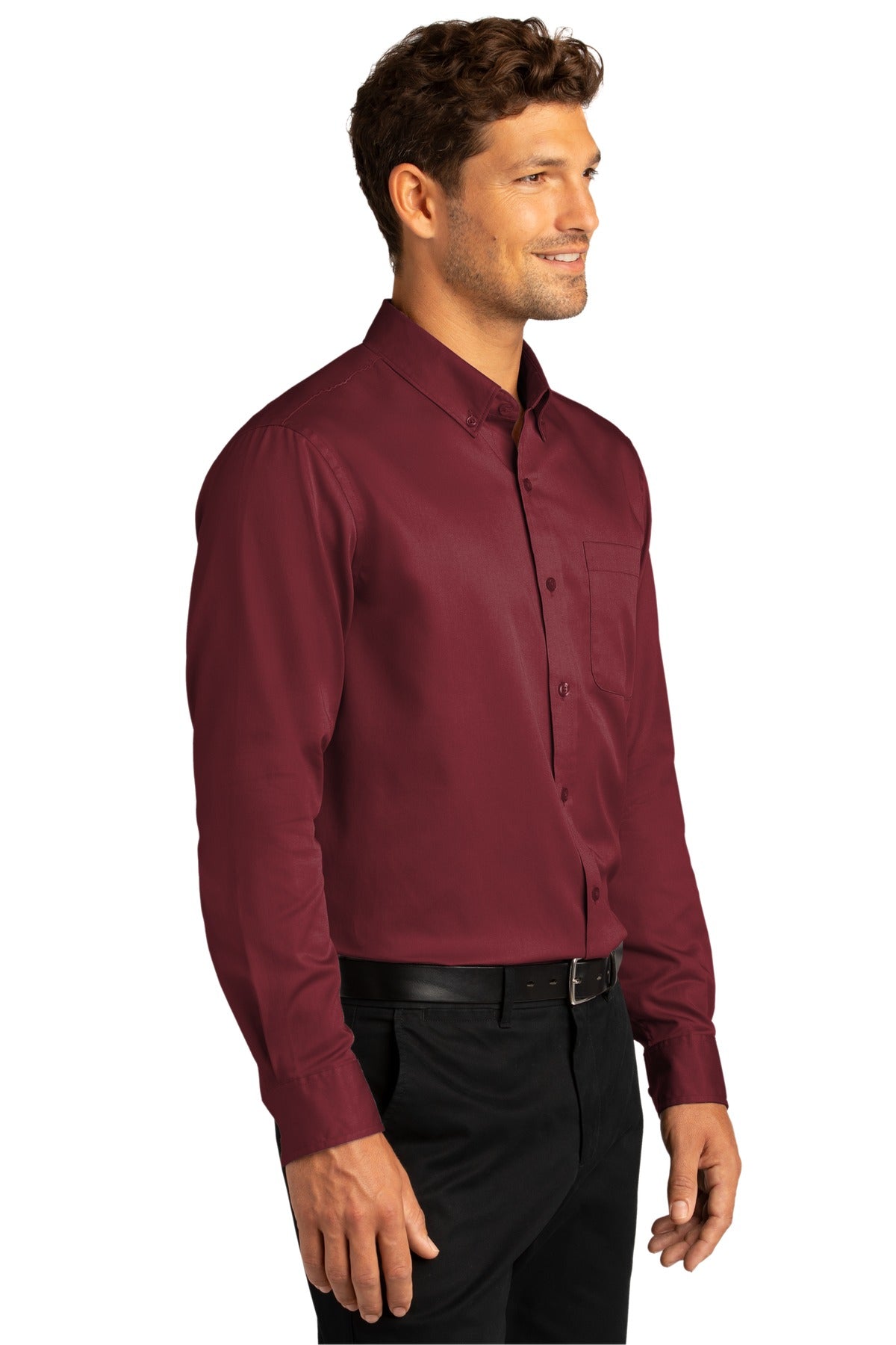 Burgundy Port Authority Long Sleeve SuperPro React Twill Shirt. W808