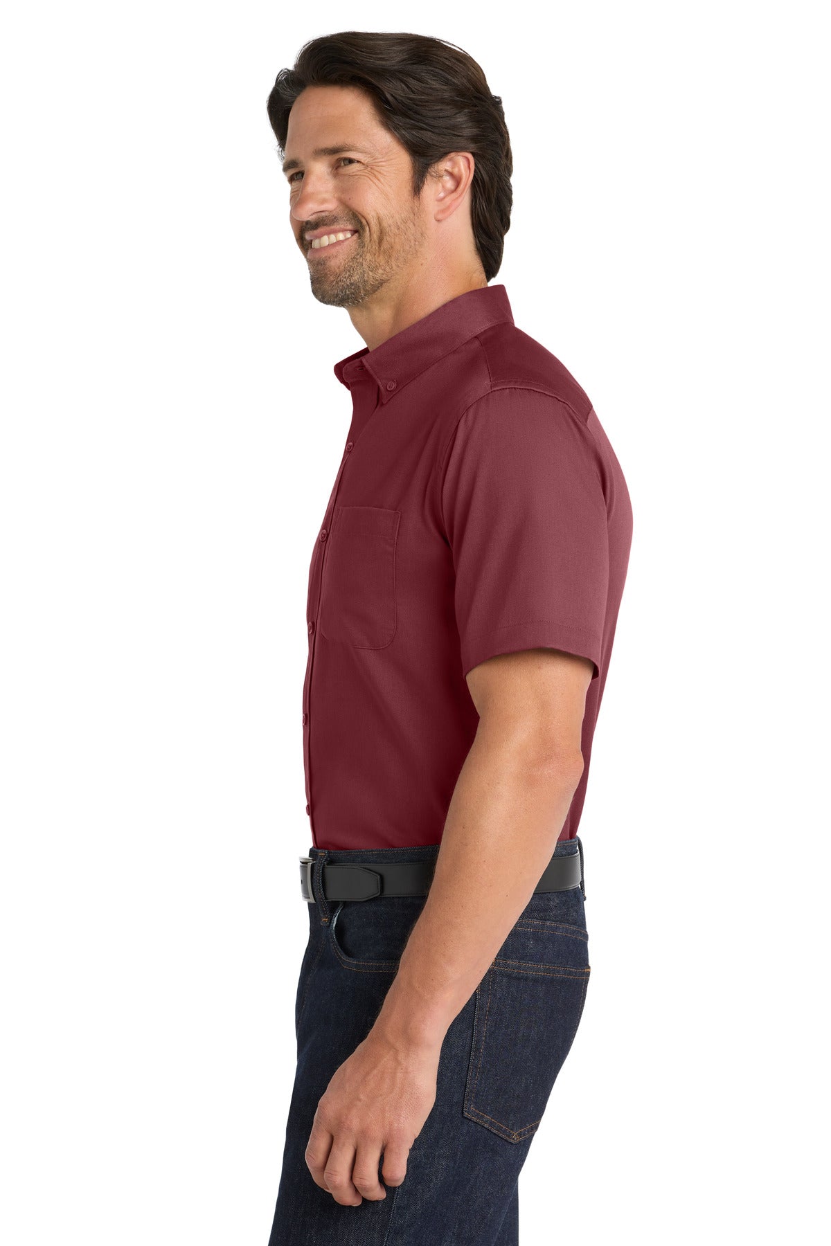 Burgundy Port Authority Short Sleeve SuperPro React Twill Shirt. W809