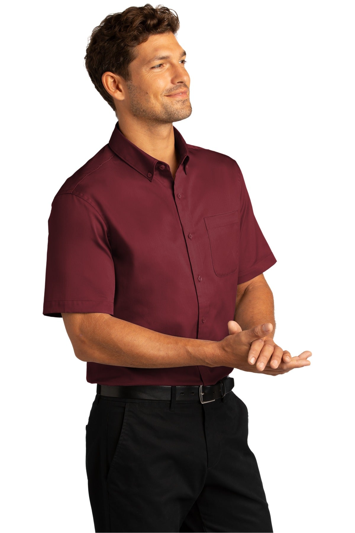 Burgundy Port Authority Short Sleeve SuperPro React Twill Shirt. W809