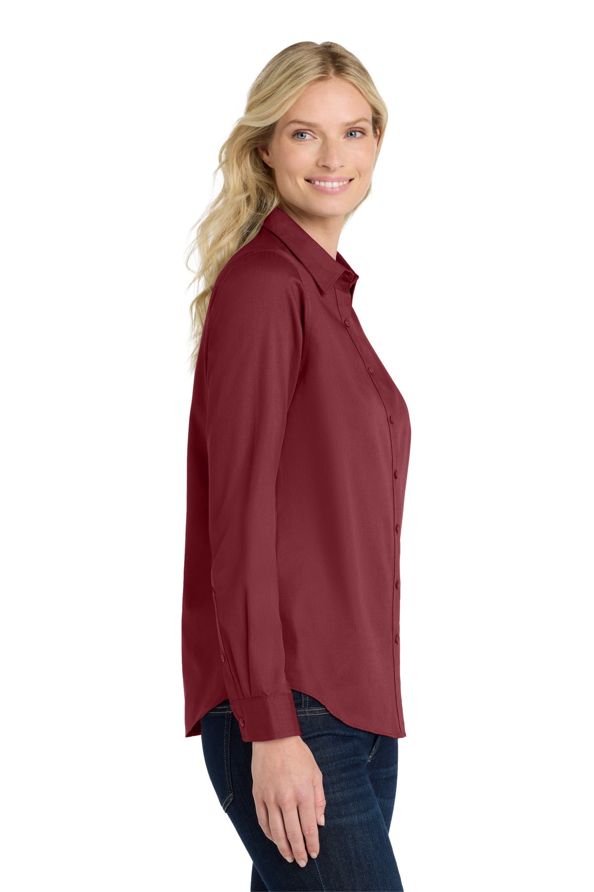 Burgundy Port Authority Women's Long Sleeve SuperPro React Twill Shirt. LW808