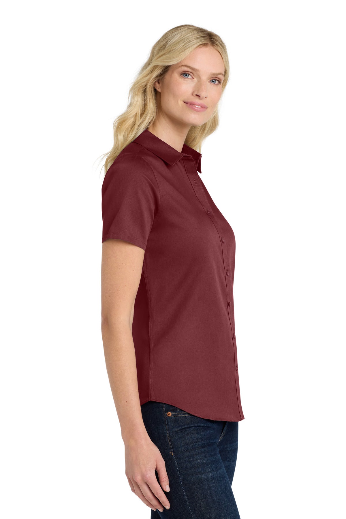 Burgundy Port Authority Women's Short Sleeve SuperPro React Twill Shirt. LW809