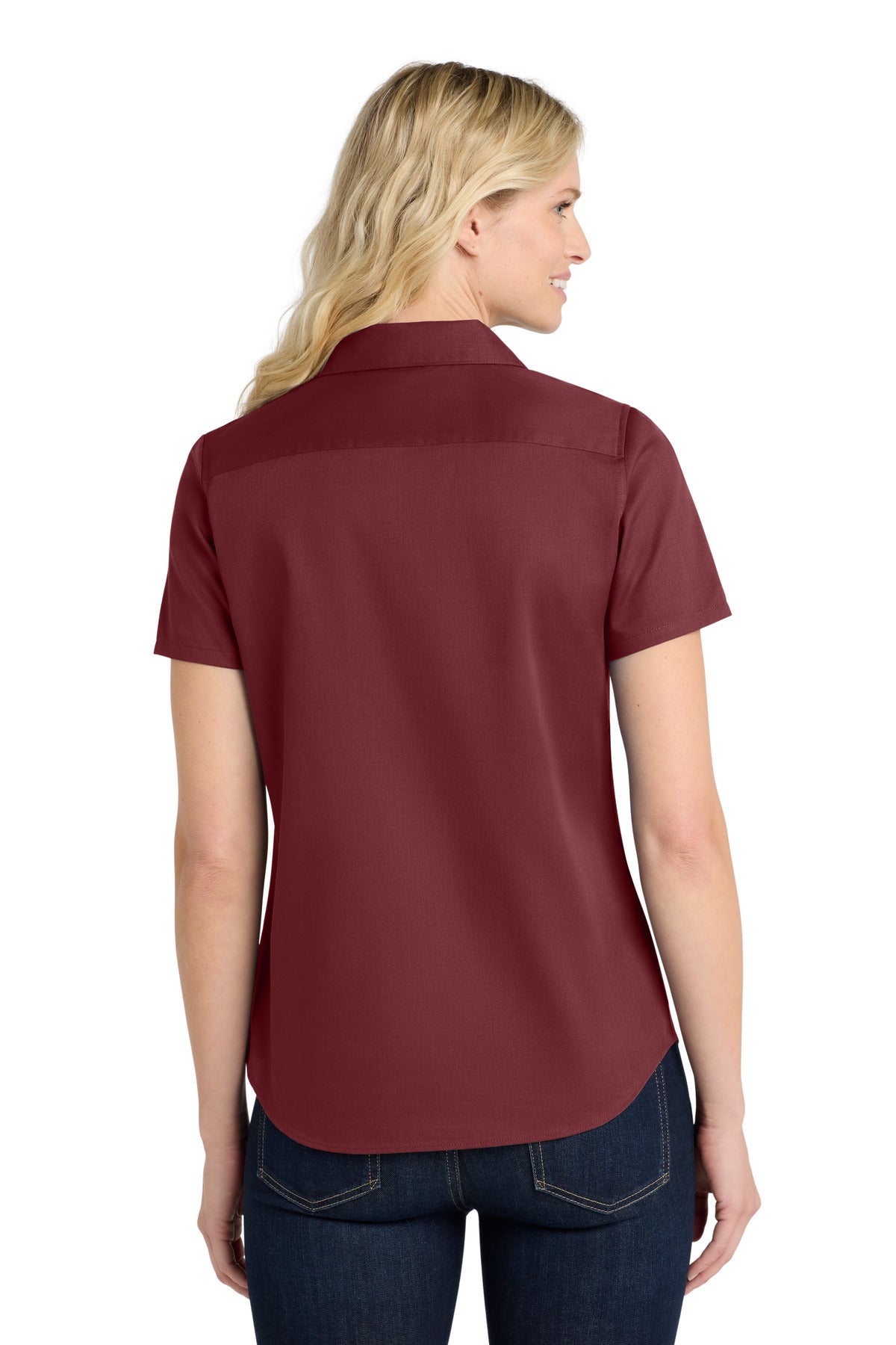 Burgundy Port Authority Women's Short Sleeve SuperPro React Twill Shirt. LW809