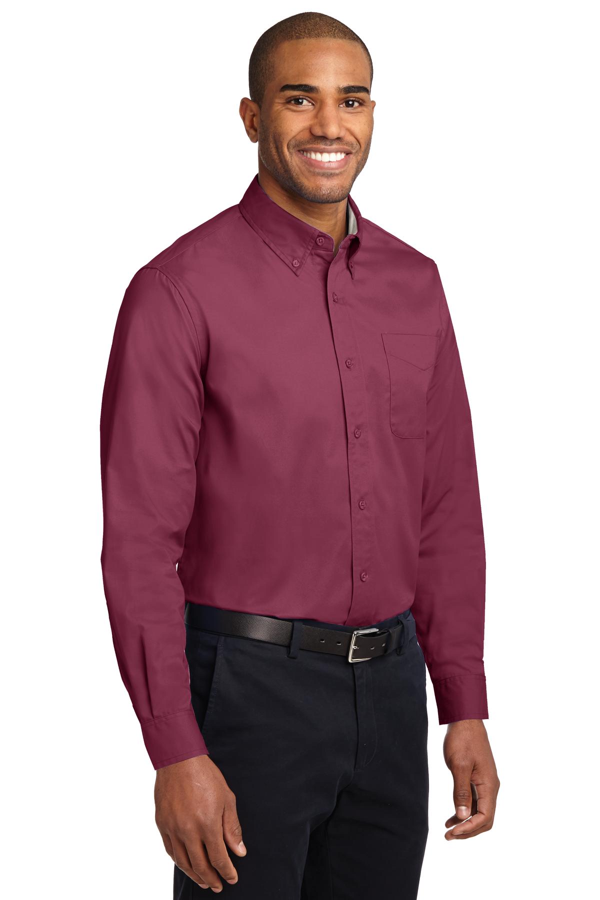 Burgundy/Lt St Port Authority Long Sleeve Easy Care Shirt S608