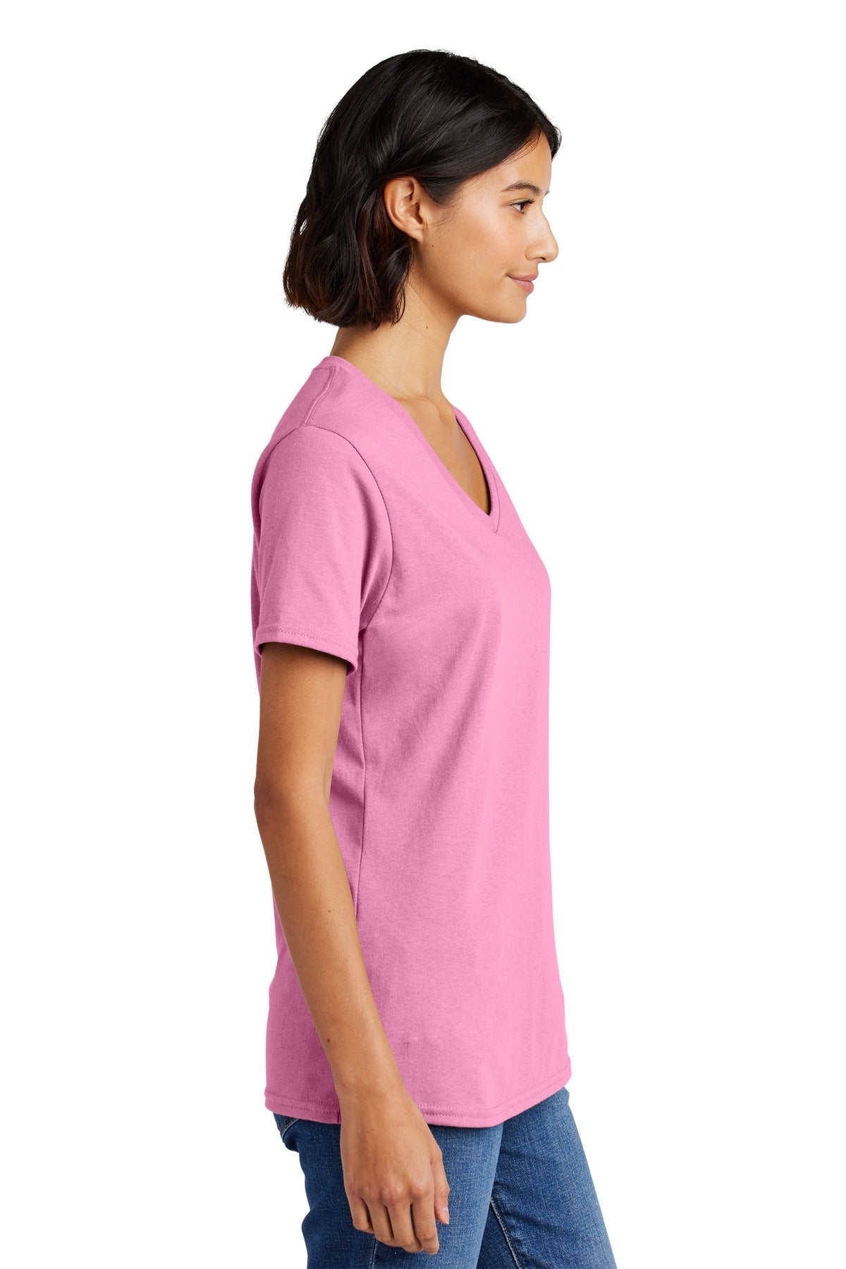 Candy Pink Port & Co Women's Core Cotton V-Neck Tee. LPC54V