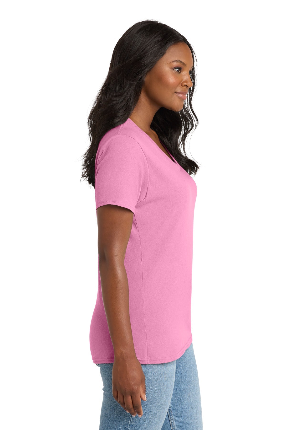 Candy Pink Port & Co Women's Core Cotton V-Neck Tee. LPC54V