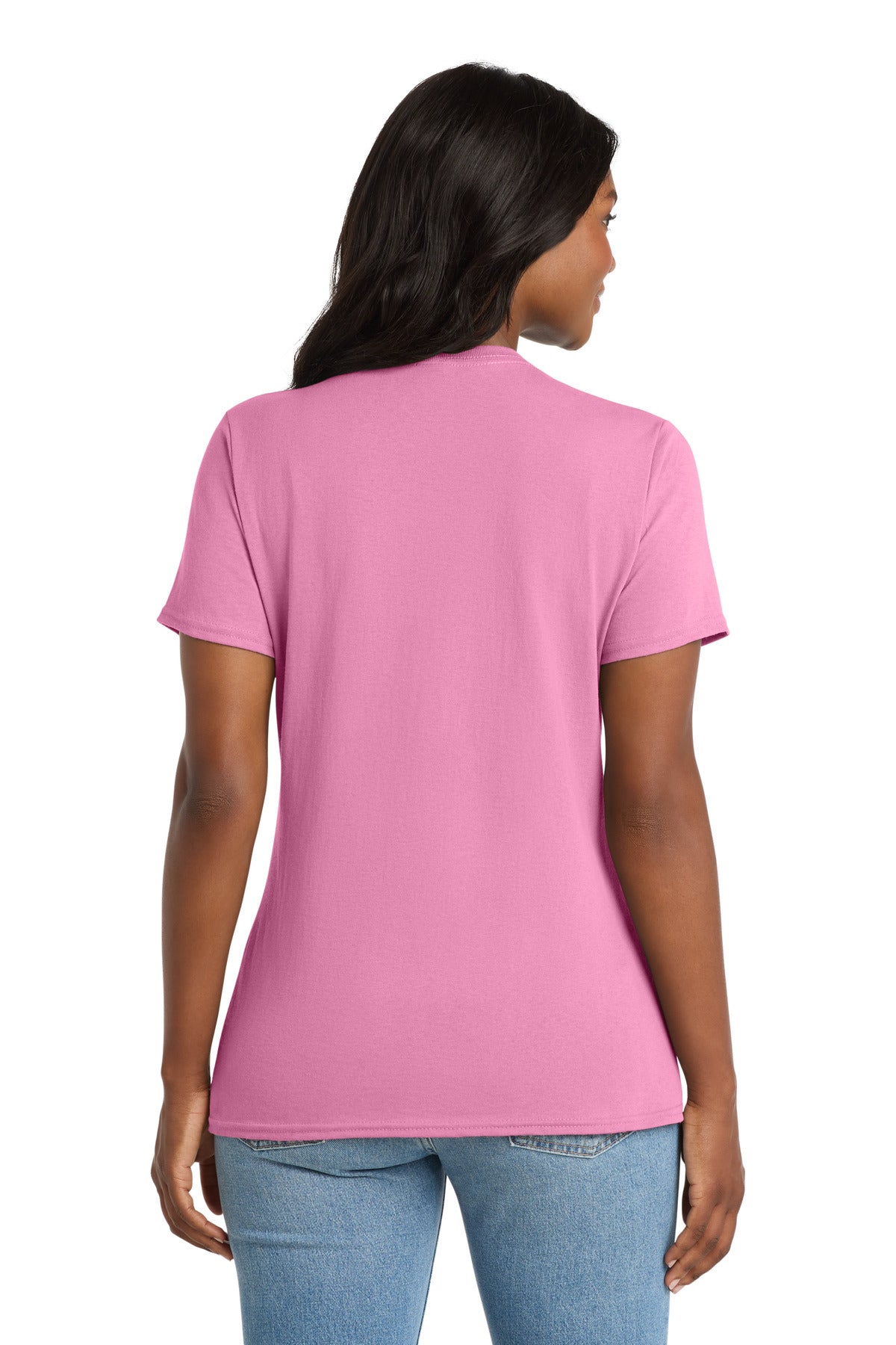 Candy Pink Port & Co Women's Core Cotton V-Neck Tee. LPC54V