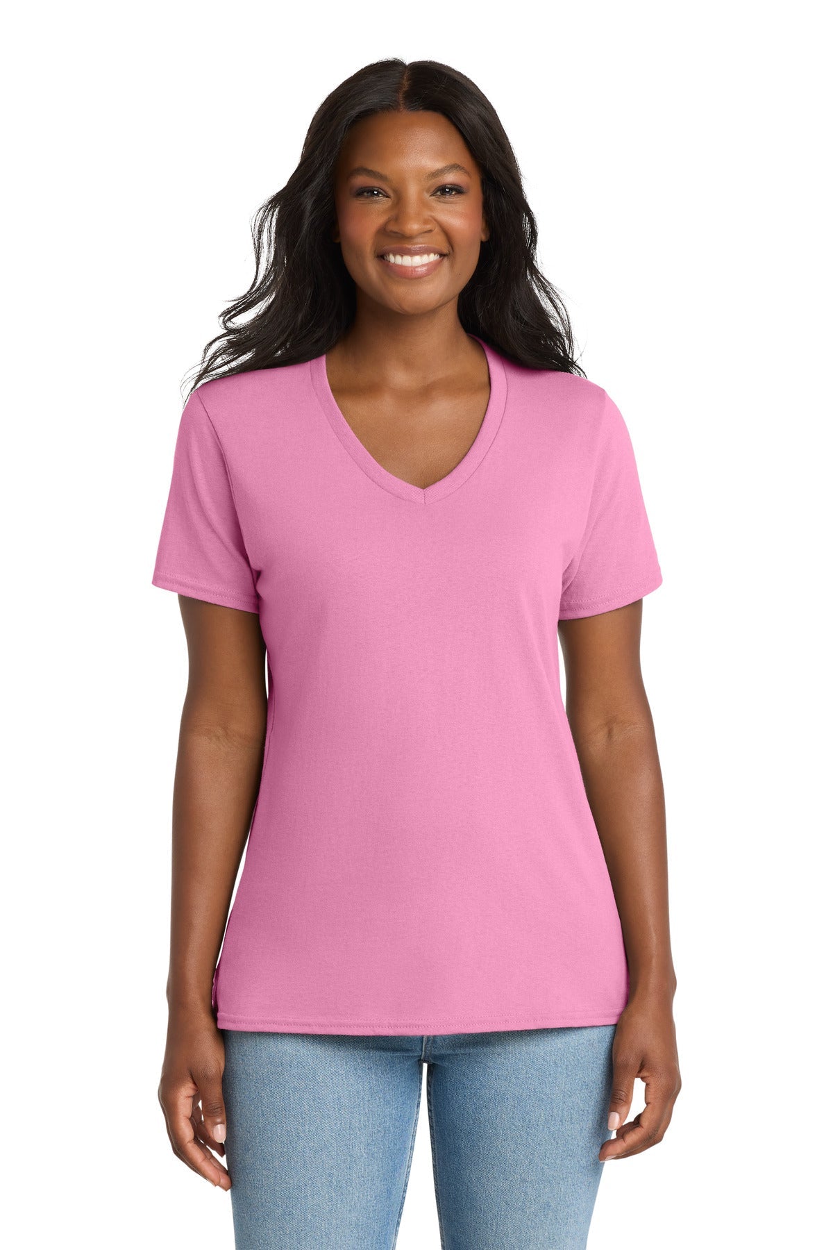 Candy Pink Port & Co Women's Core Cotton V-Neck Tee. LPC54V