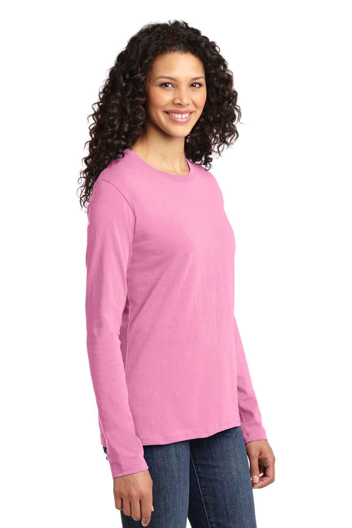 Candy Pink Port & Co Women's Long Sleeve Core Cotton Tee. LPC54LS