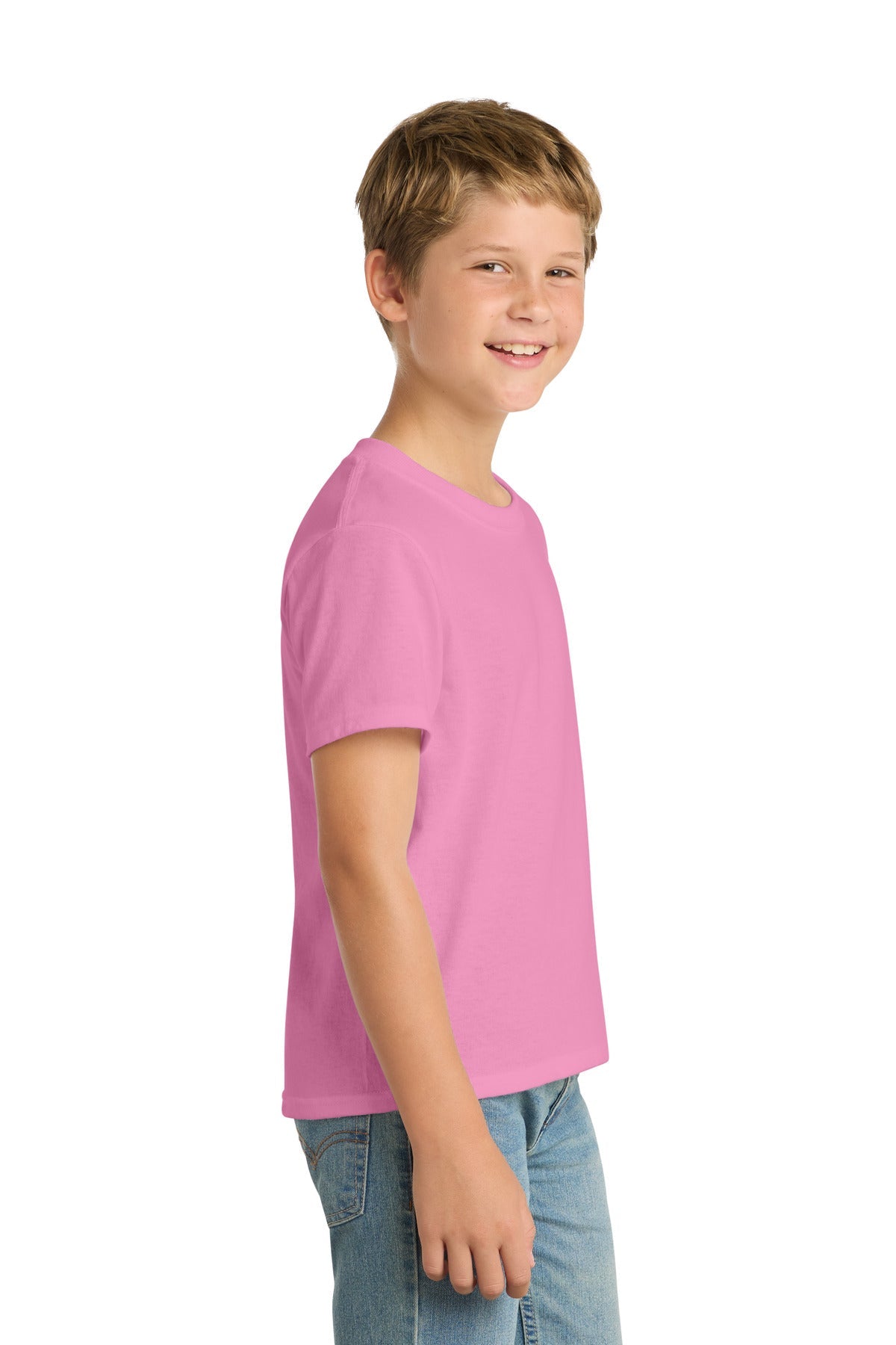 Candy Pink Port & Co Youth Core Blend Tee. PC55Y