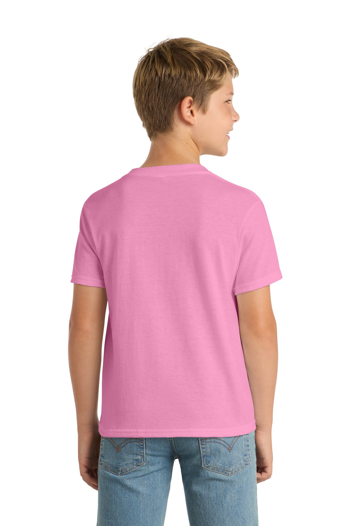 Candy Pink Port & Co Youth Core Blend Tee. PC55Y
