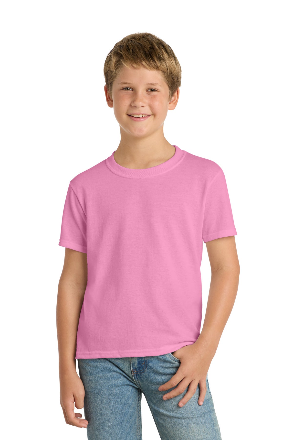 Candy Pink Port & Co Youth Core Blend Tee. PC55Y