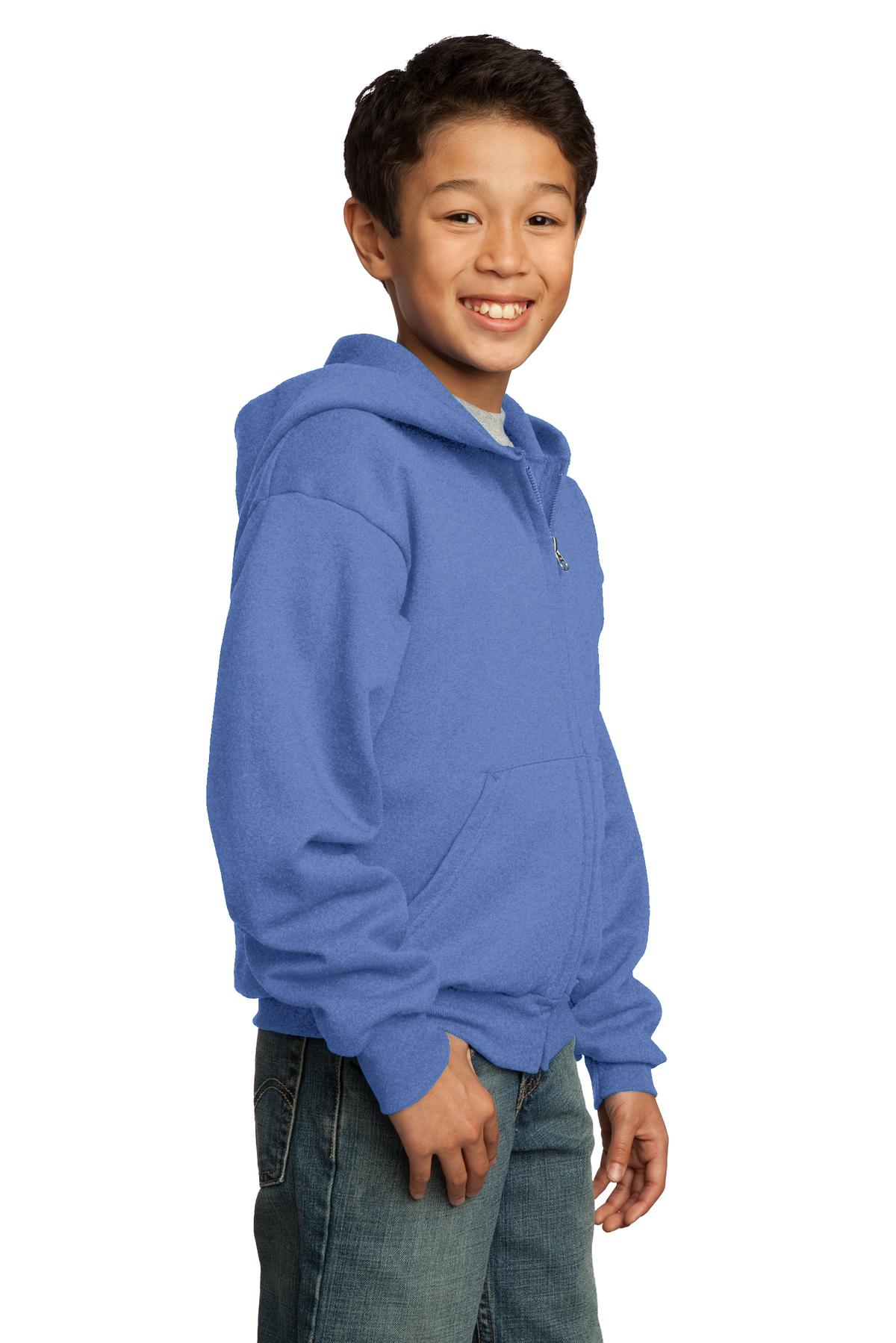 Carolina Blue Port & Co Youth Core Fleece Full-Zip Hooded Sweatshirt. PC90YZH
