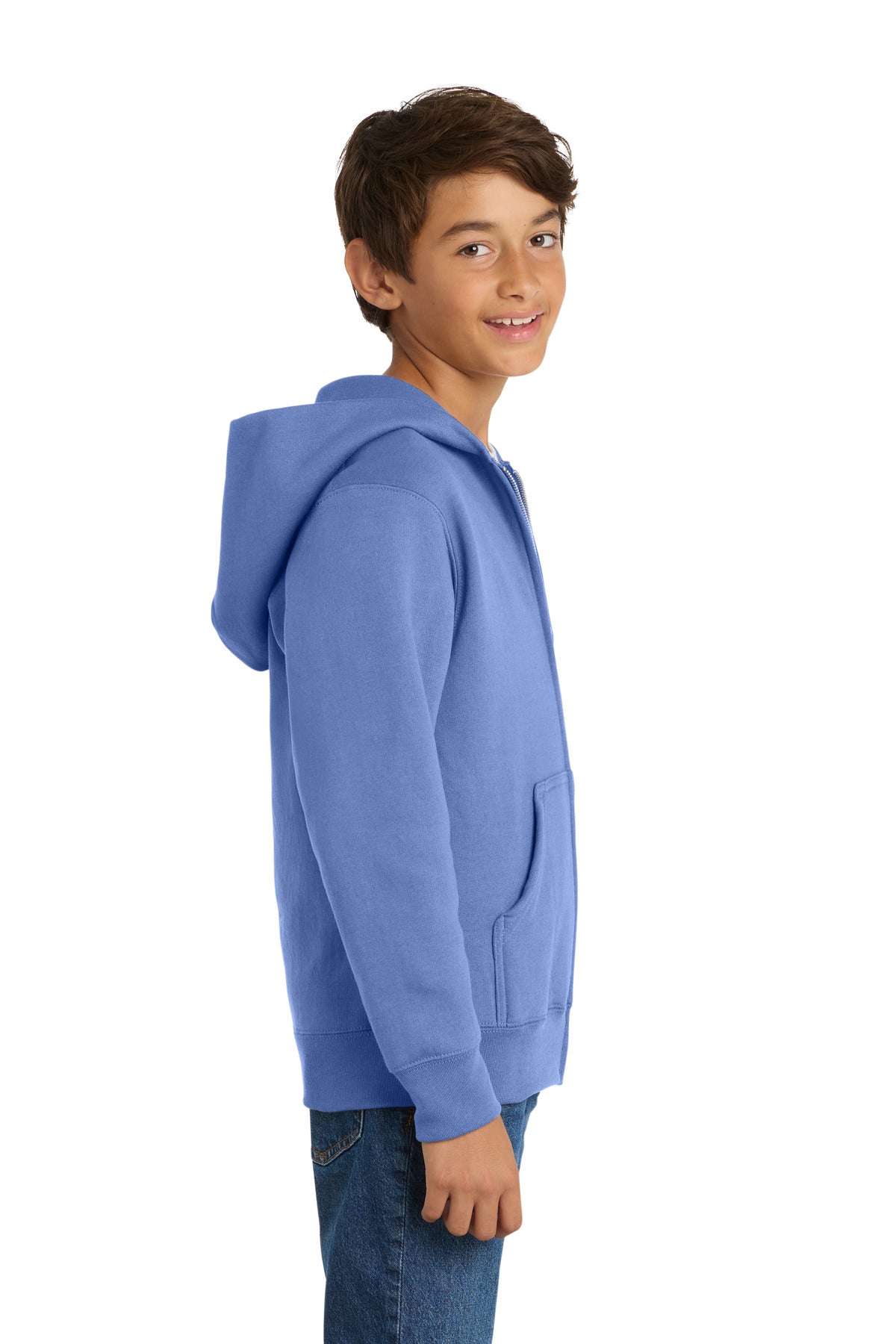 Carolina Blue Port & Co Youth Core Fleece Full-Zip Hooded Sweatshirt. PC90YZH
