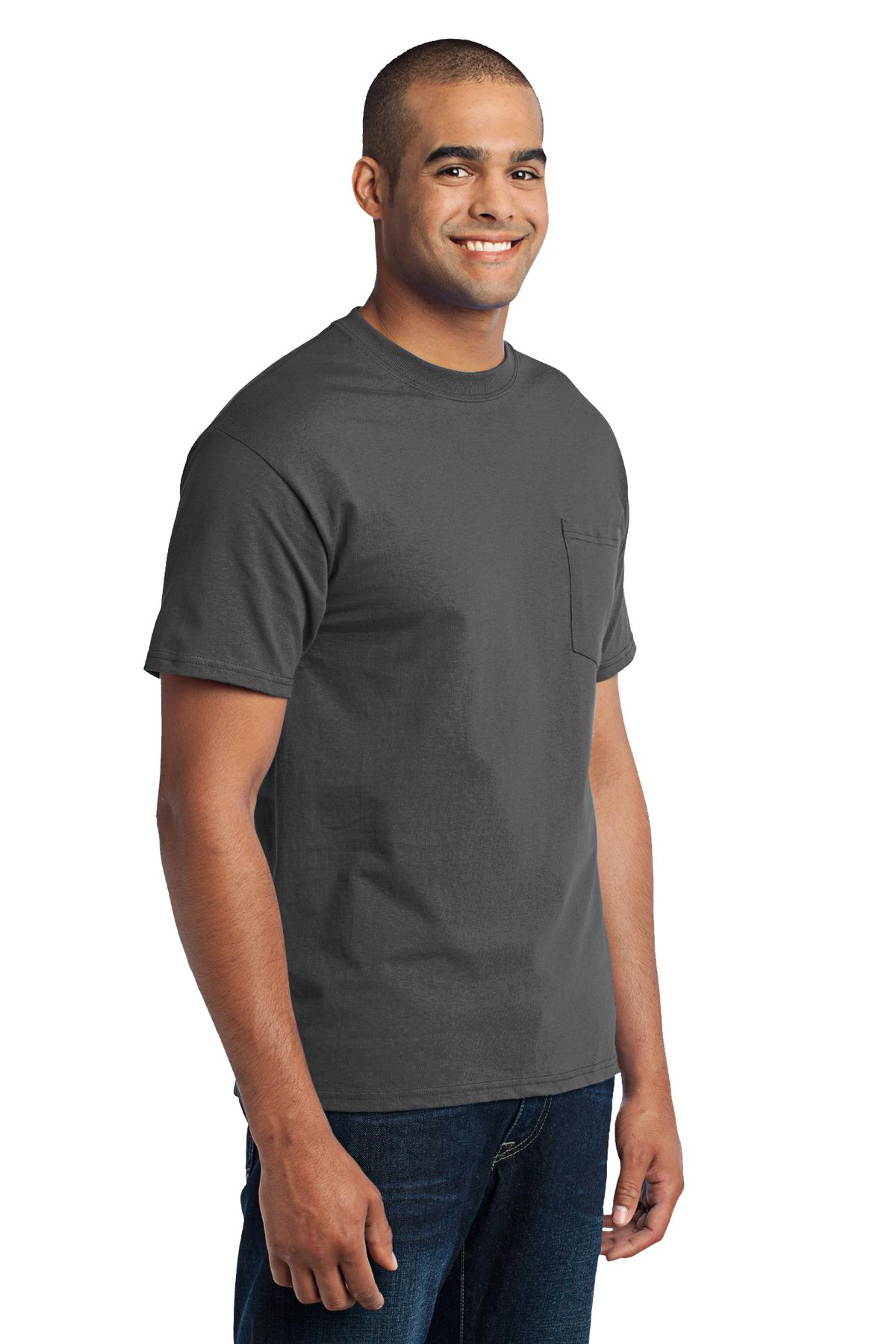Charcoal Port & Co Core Blend Pocket Tee. PC55P