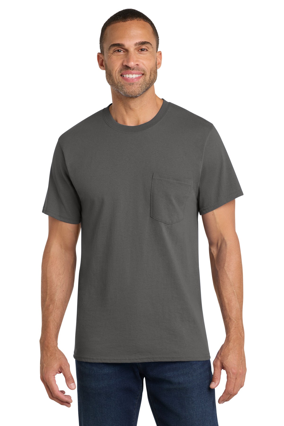 Charcoal Port & Co Core Cotton Pocket Tee. PC54P