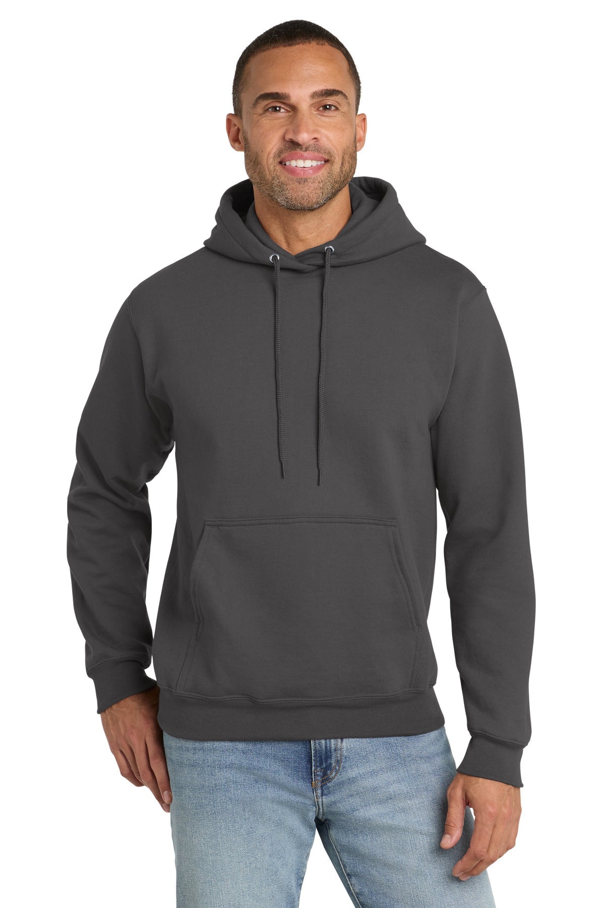 Charcoal Port & Co Essential Fleece Pullover Hooded Sweatshirt. PC90H