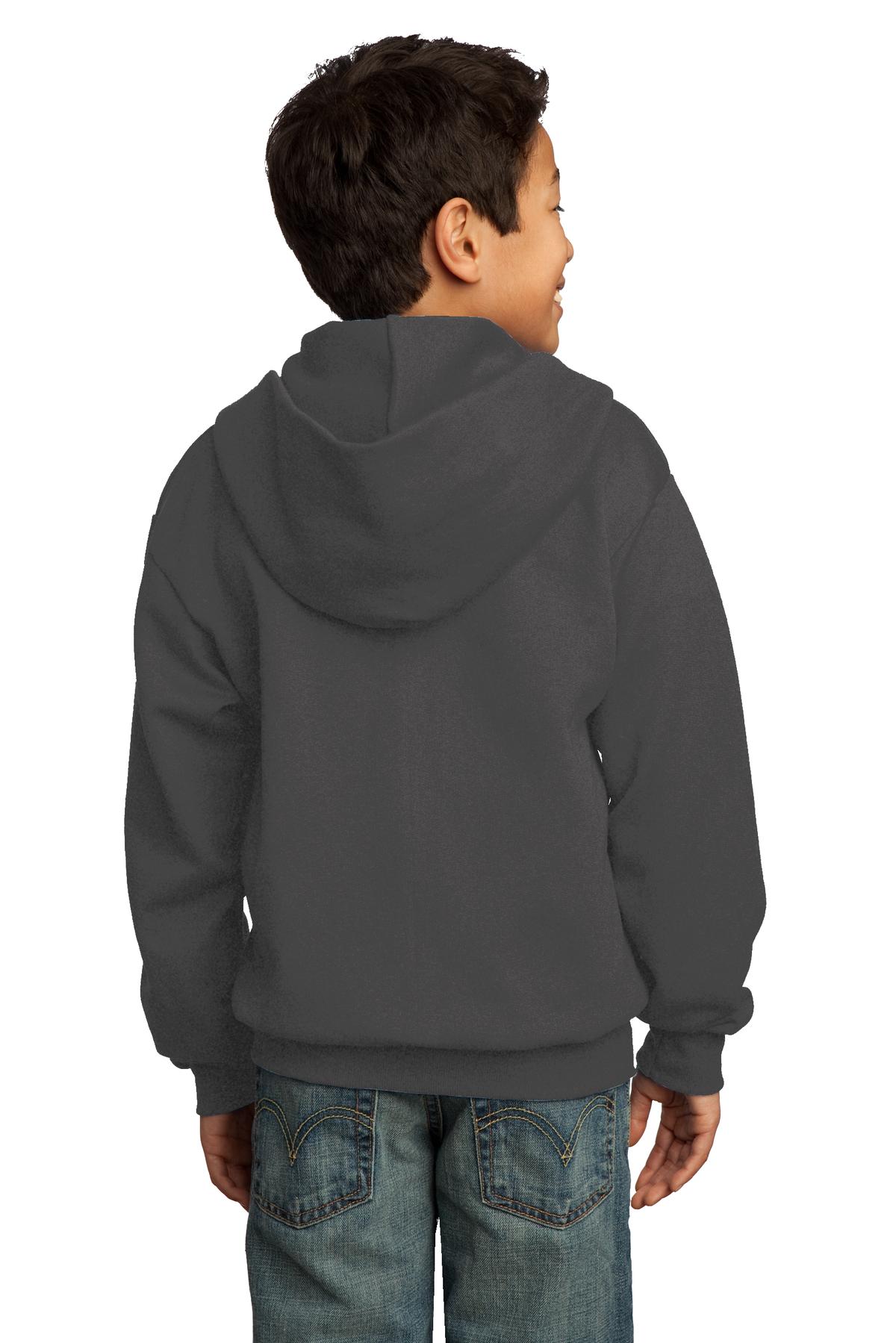 Charcoal Port & Co Youth Core Fleece Full-Zip Hooded Sweatshirt. PC90YZH