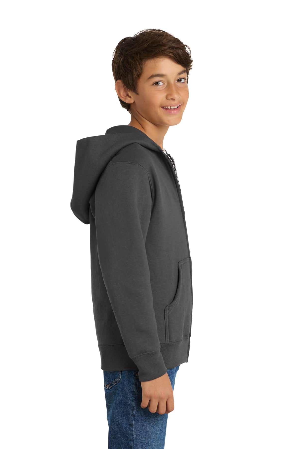 Charcoal Port & Co Youth Core Fleece Full-Zip Hooded Sweatshirt. PC90YZH
