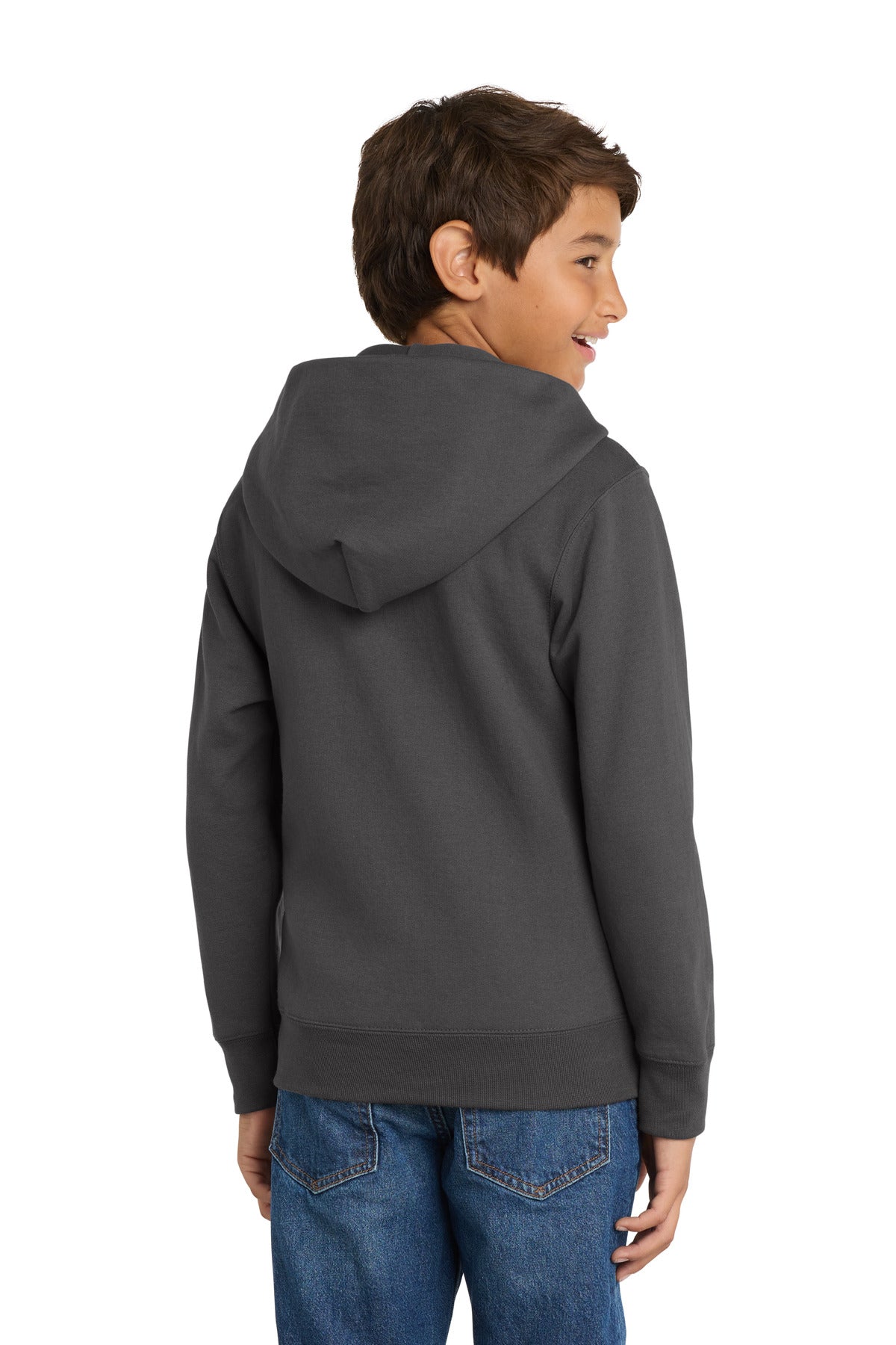 Charcoal Port & Co Youth Core Fleece Full-Zip Hooded Sweatshirt. PC90YZH