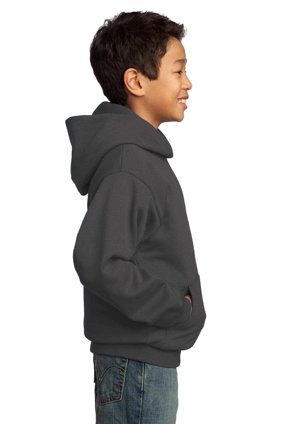 Charcoal Port & Co Youth Core Fleece Pullover Hooded Sweatshirt. PC90YH