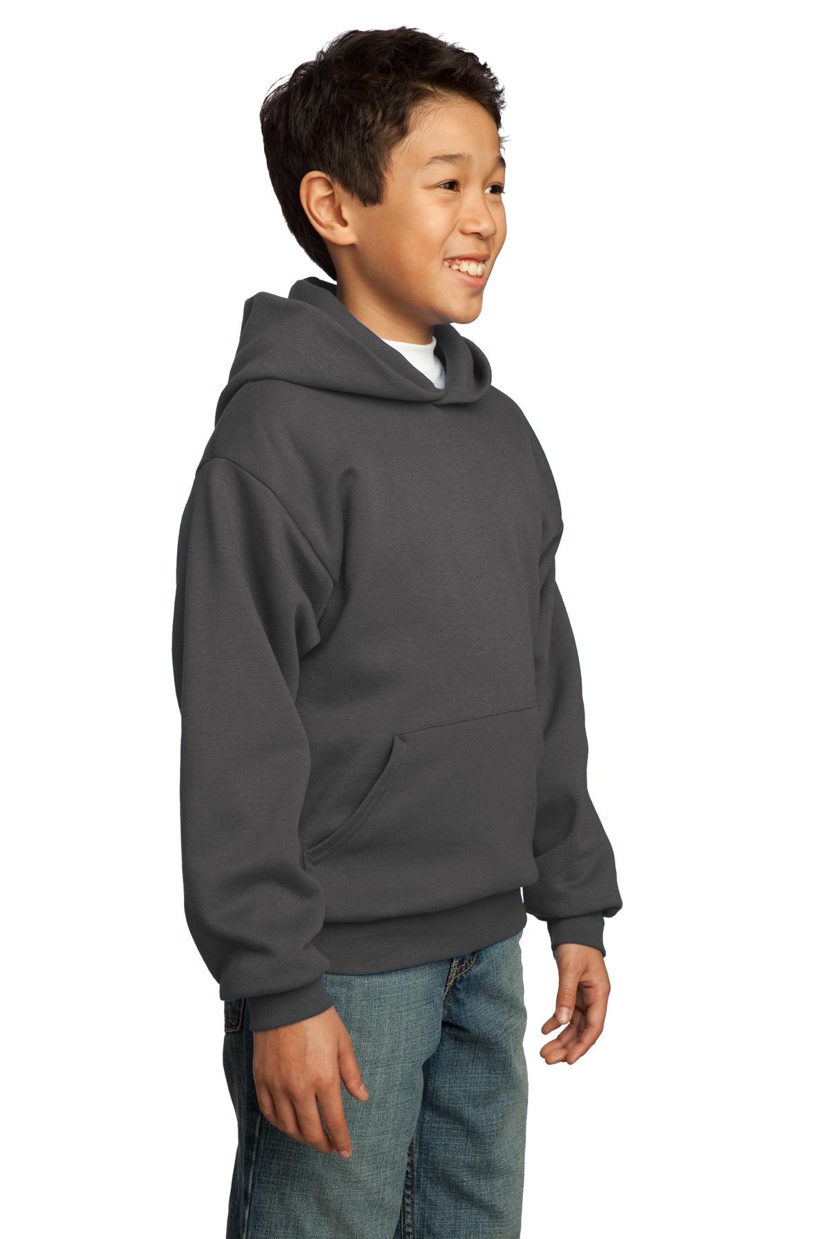 Charcoal Port & Co Youth Core Fleece Pullover Hooded Sweatshirt. PC90YH