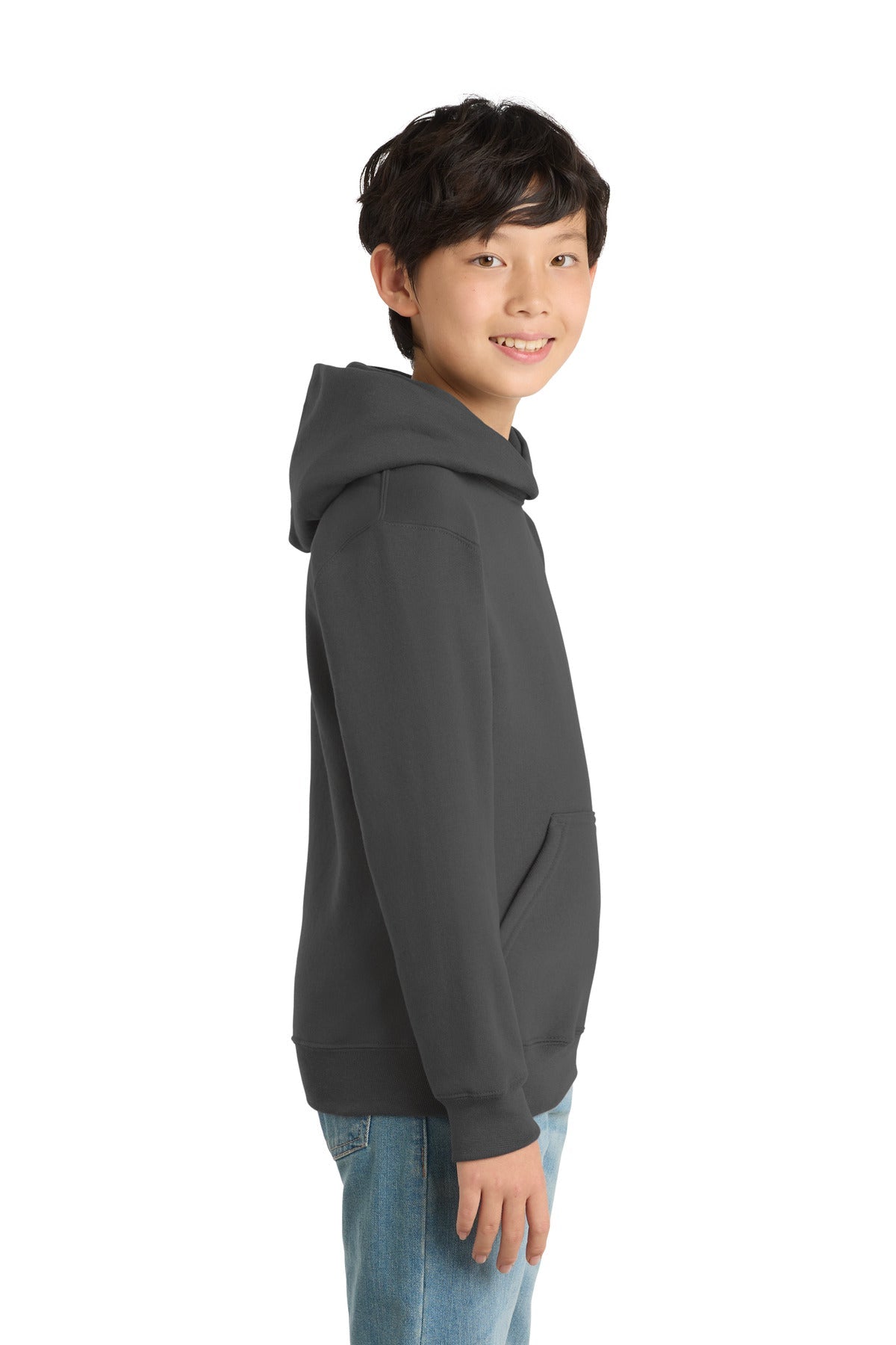 Charcoal Port & Co Youth Core Fleece Pullover Hooded Sweatshirt. PC90YH