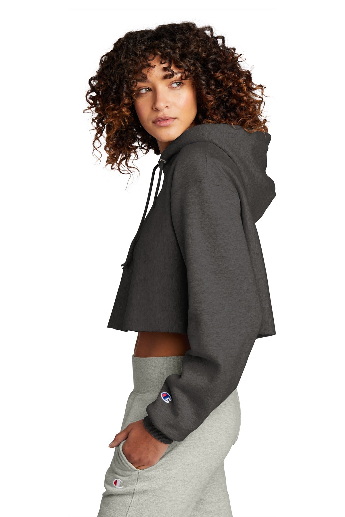 CharcoalHt Champion Women's Reverse Weave Cropped Cut-Off Hooded Sweatshirt RW01W