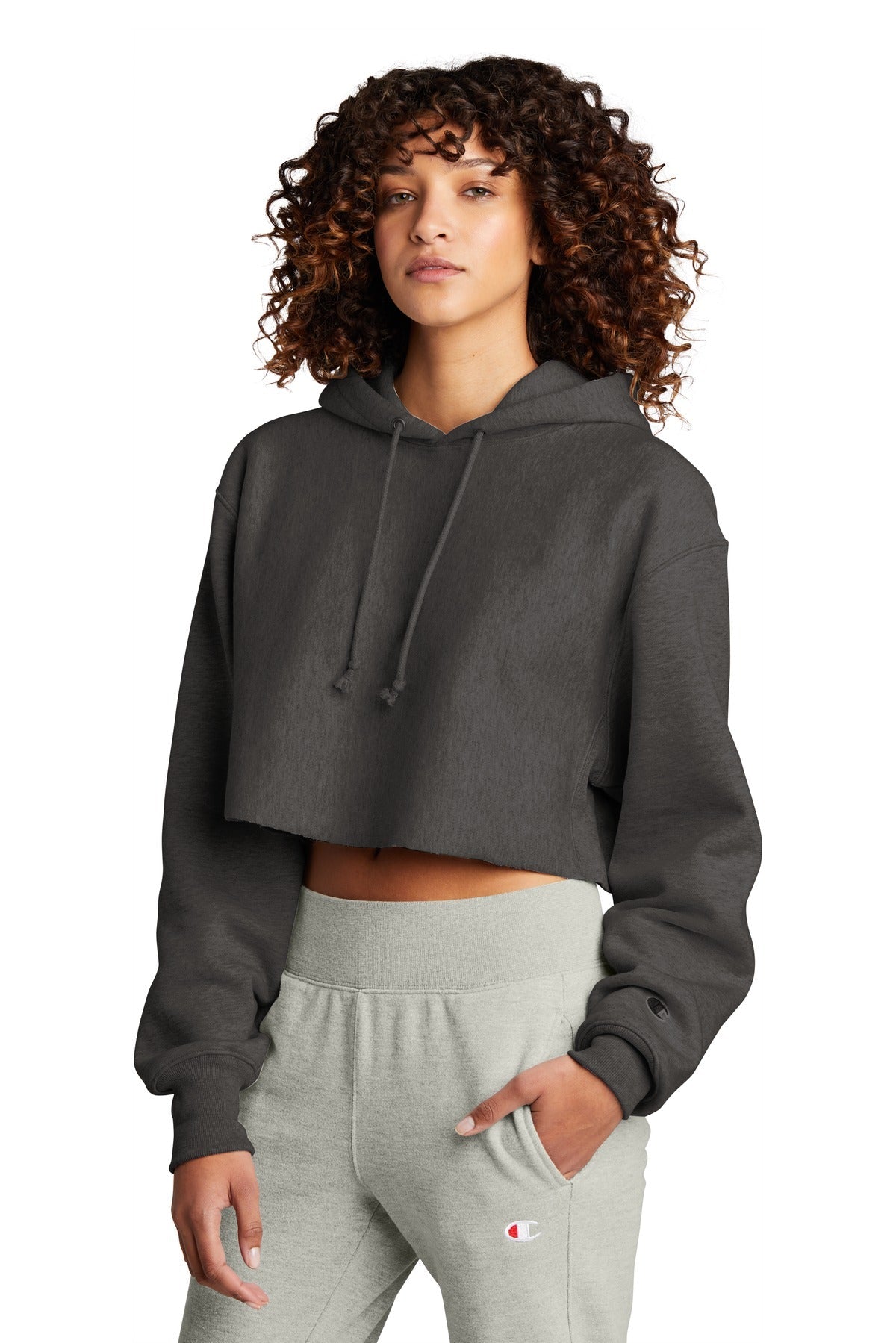 CharcoalHt Champion Women's Reverse Weave Cropped Cut-Off Hooded Sweatshirt RW01W